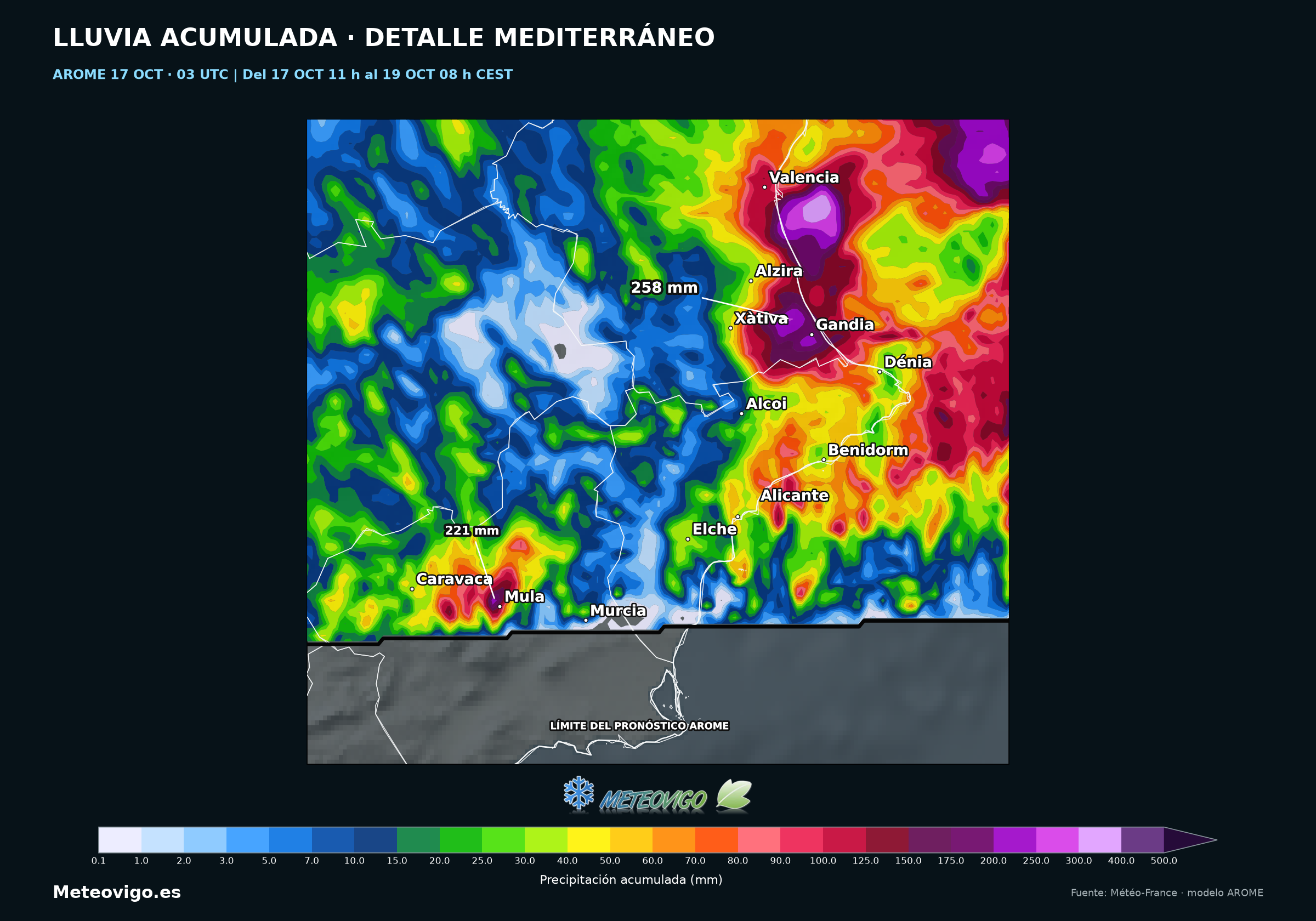 Zoom AROME de las lluvias en Valencia, Alicante y Murcia, con localidades y máximos de 258 y 221 mm