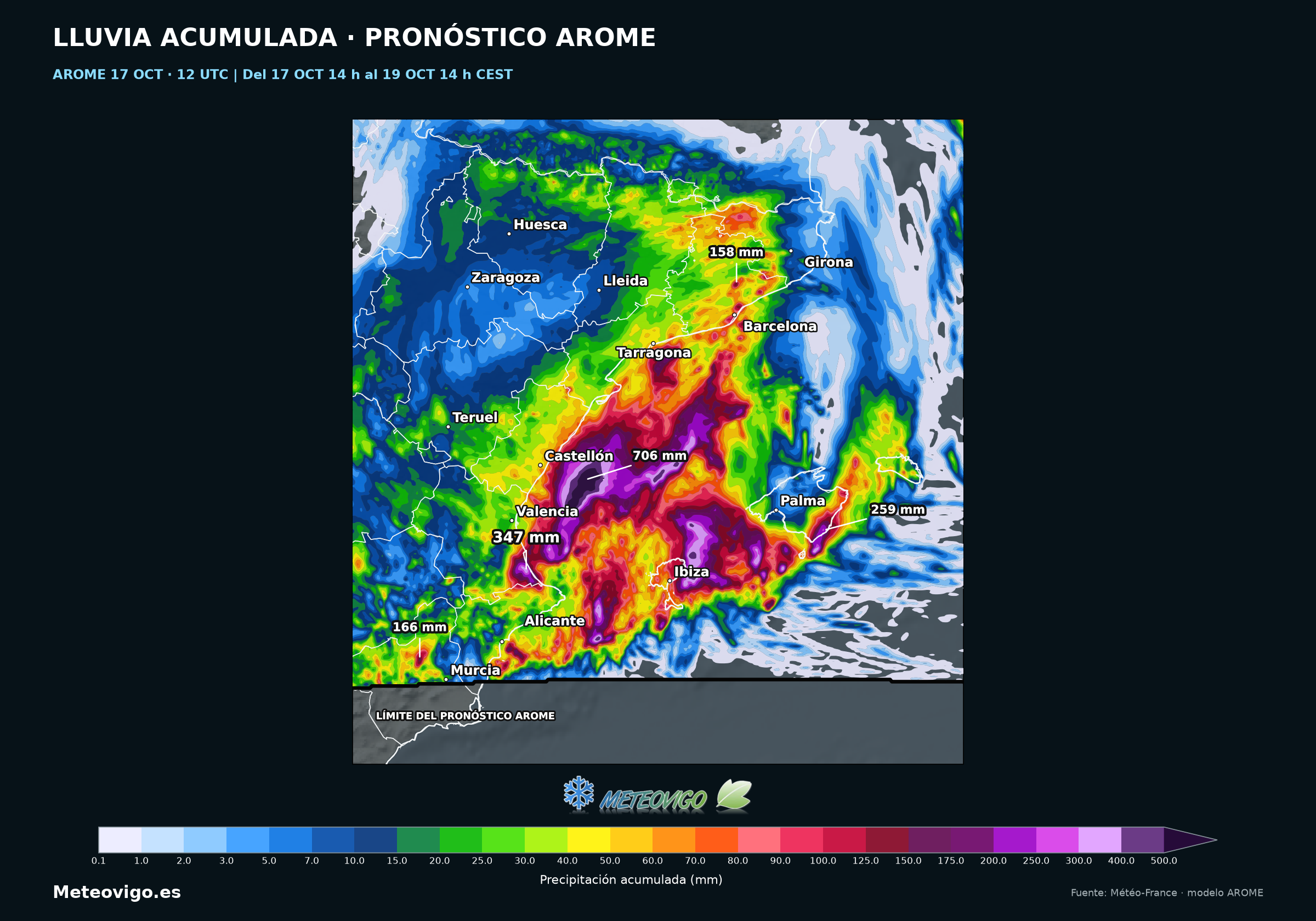 Lluvia AROME en 48 horas en el Mediterráneo, con máximo de 706 mm sobre el mar