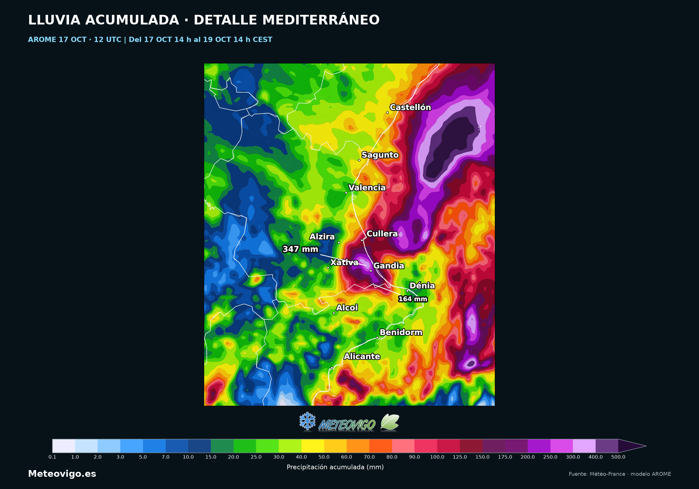 Detalle de las lluvias AROME en Valencia y Alicante durante las mismas 48 horas que MV-WRF