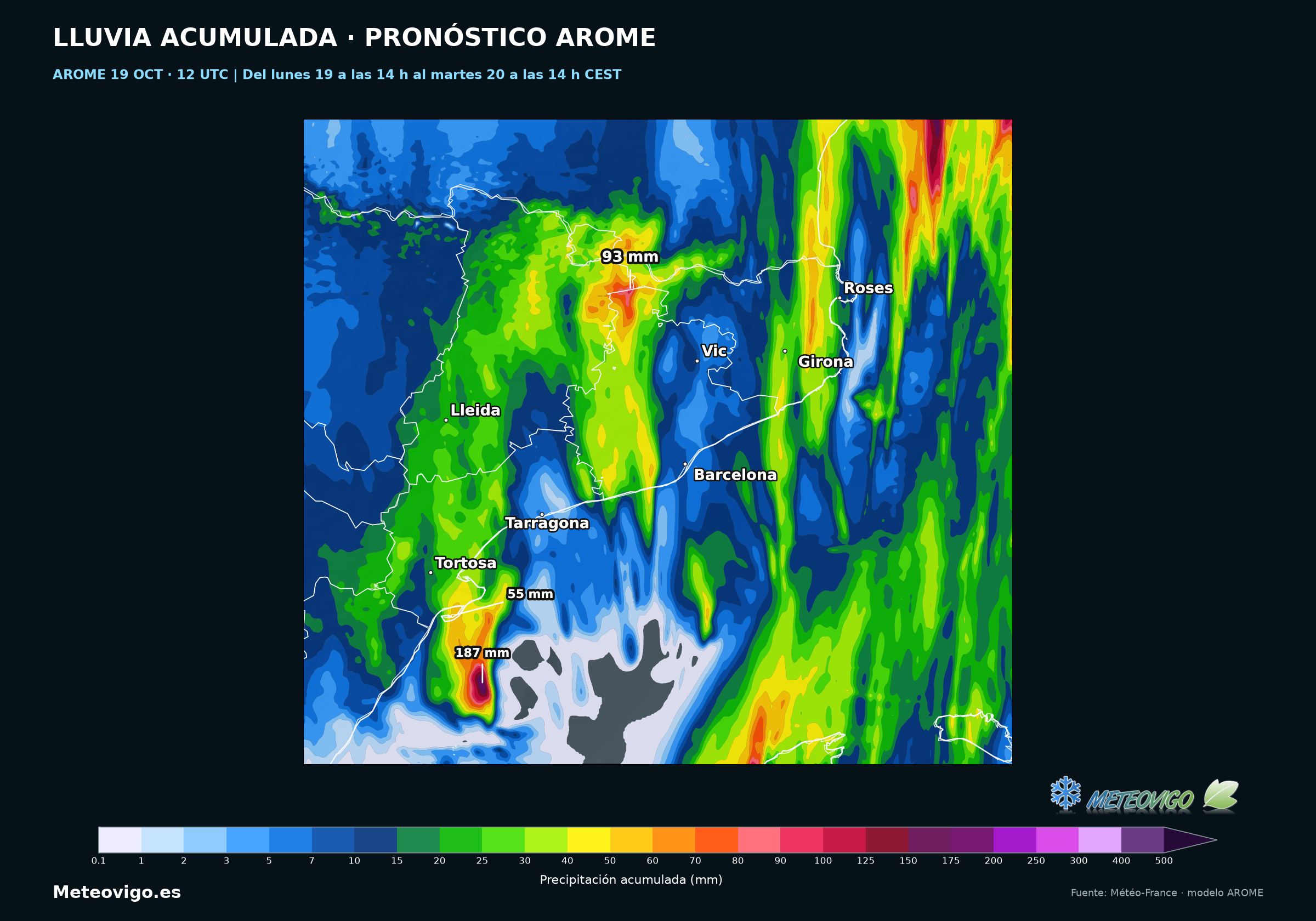 AROME: acumulados de las mismas 24 horas, con máximo de 93 mm en el norte de Barcelona