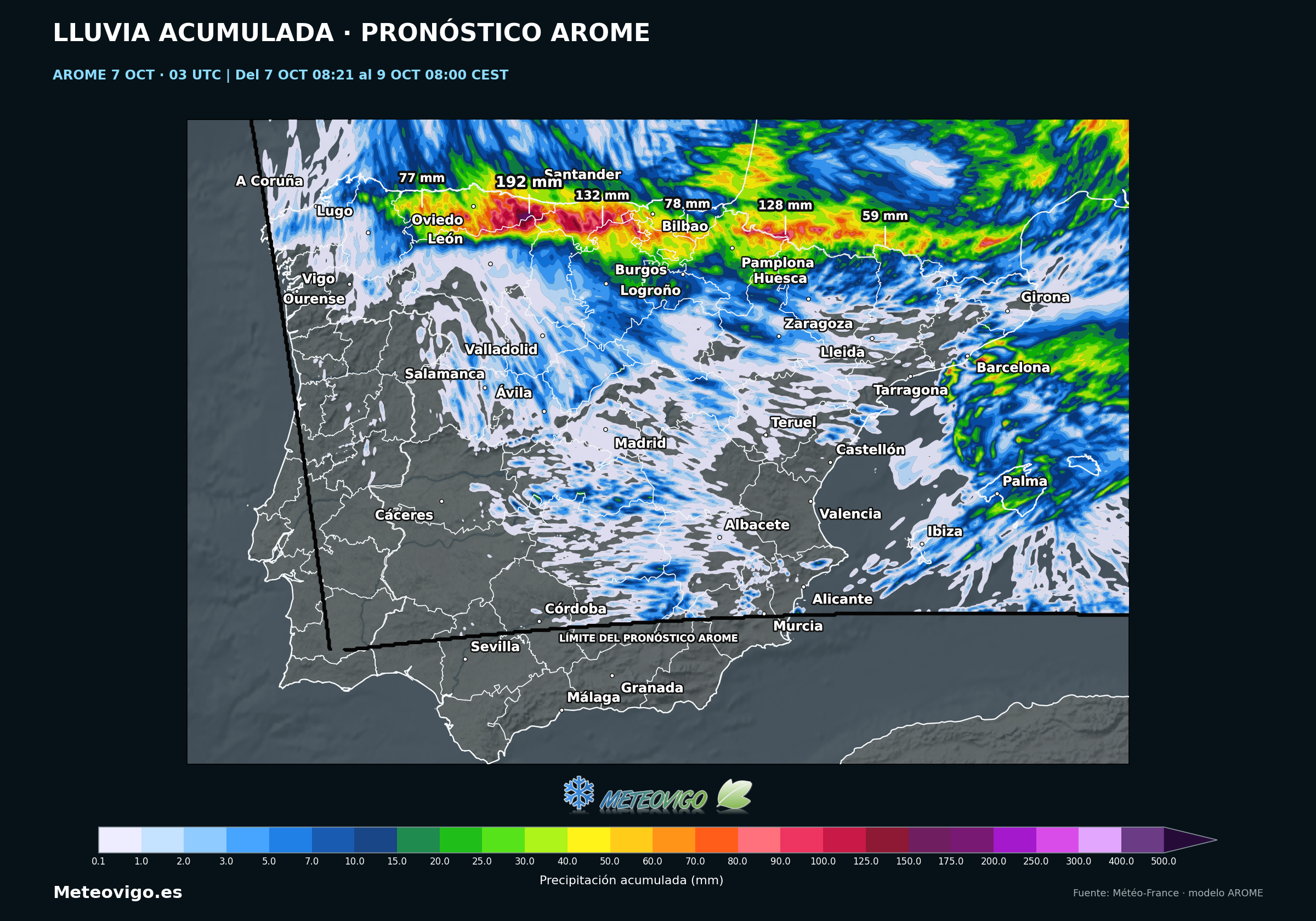 Lluvia acumulada prevista por el modelo AROME en España desde el 7 de octubre a las 08:21 hasta el día 9 a las 08:00