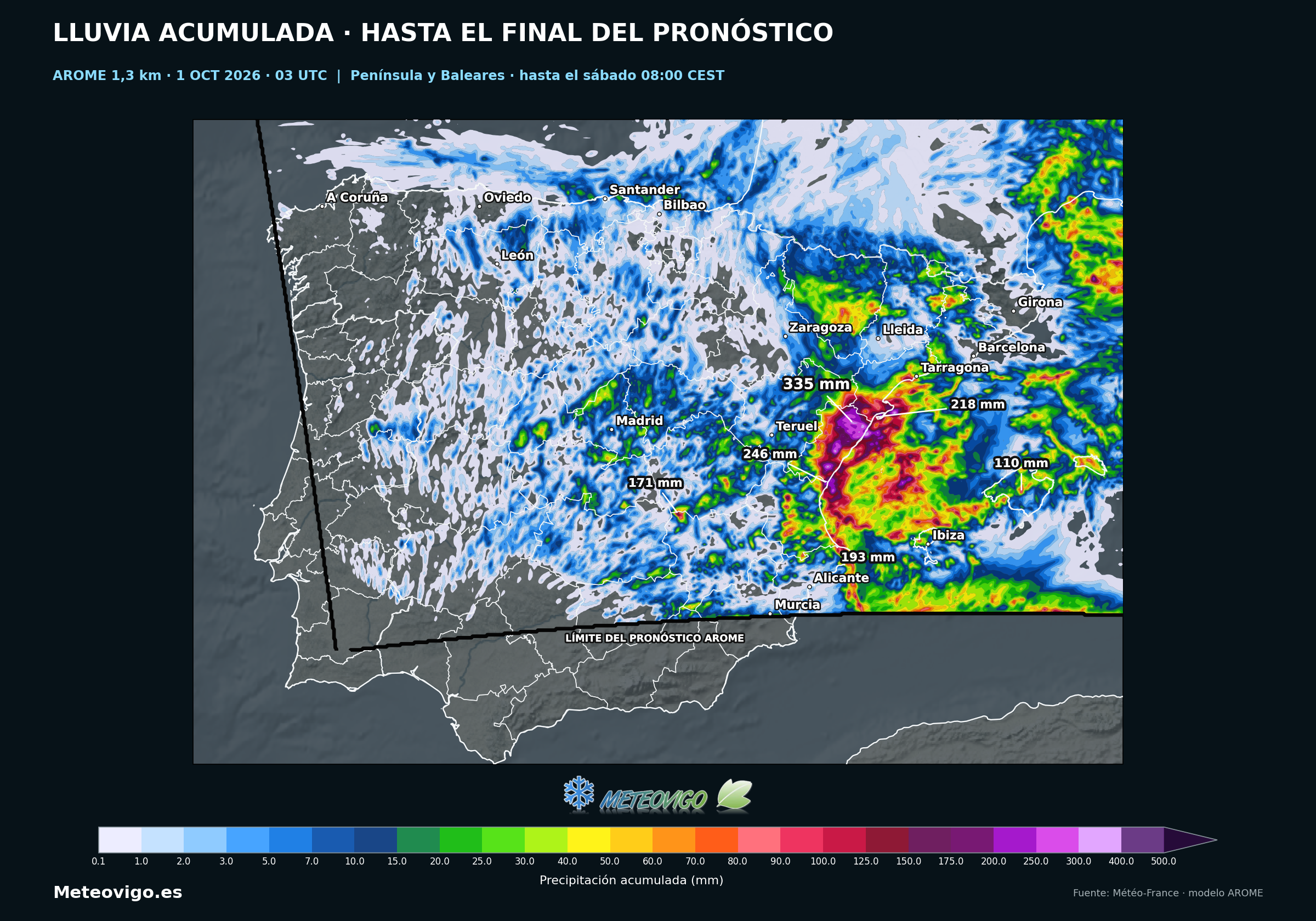 Lluvia acumulada AROME durante todo el pron&oacute;stico disponible, del 1 al 3 de octubre de 2026, en la Pen&iacute;nsula y Baleares