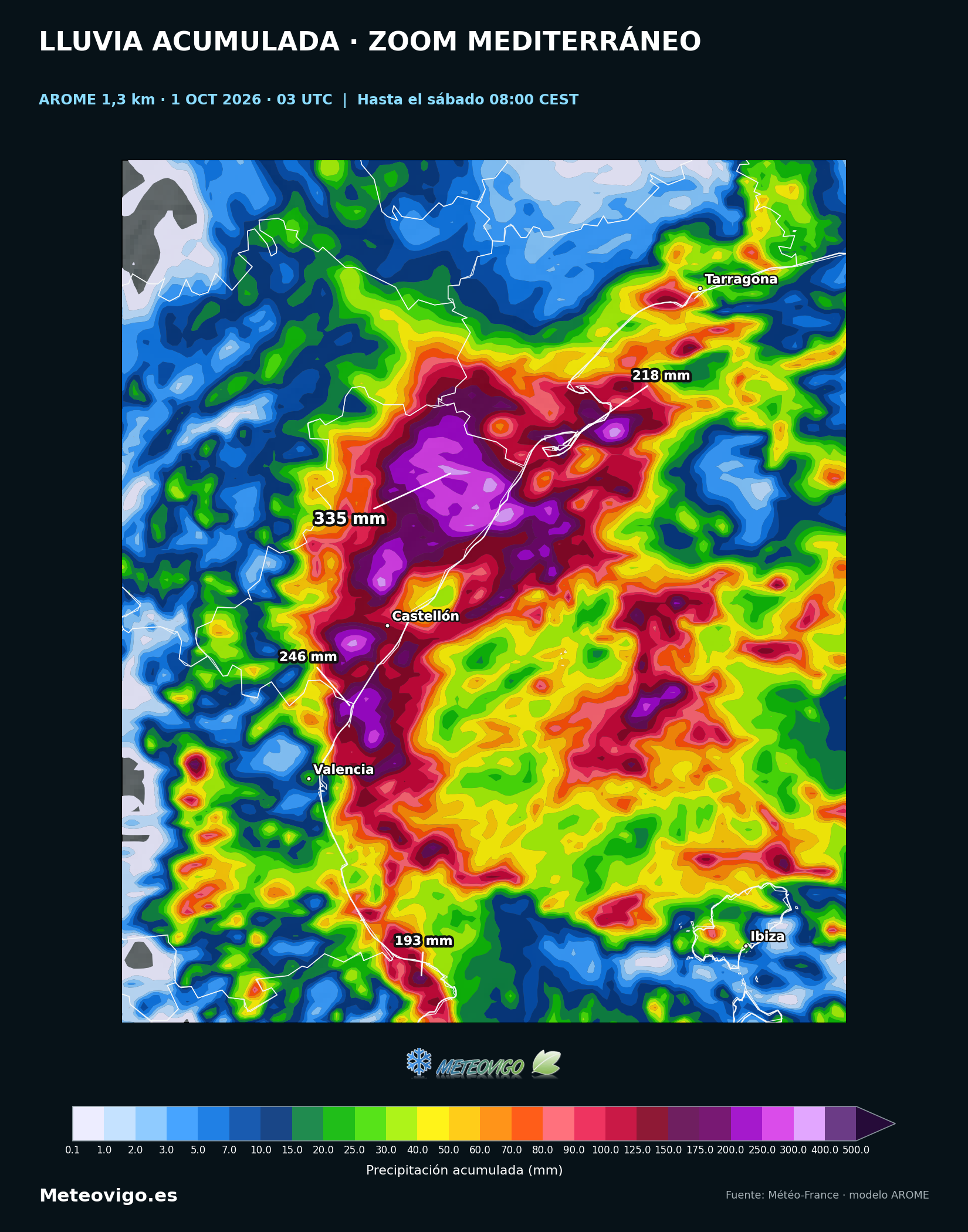 Zoom de los acumulados de lluvia AROME en Castell&oacute;n, Valencia, el sur de Tarragona y el norte de Alicante hasta el s&aacute;bado 3 de octubre a las 08:00