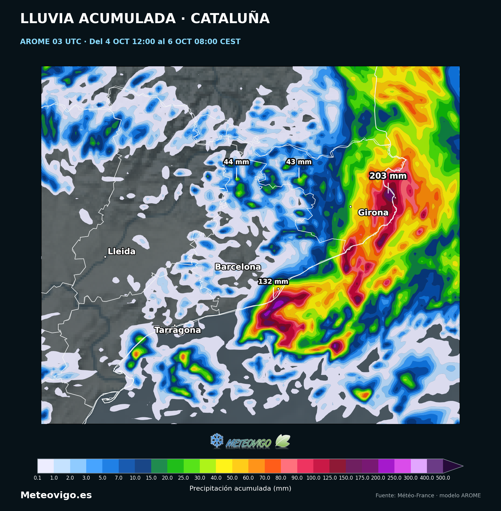 Lluvia acumulada del AROME en Catalu&ntilde;a desde el domingo 4 de octubre a las 12:00 hasta el martes 6 a las 08:00, hora peninsular