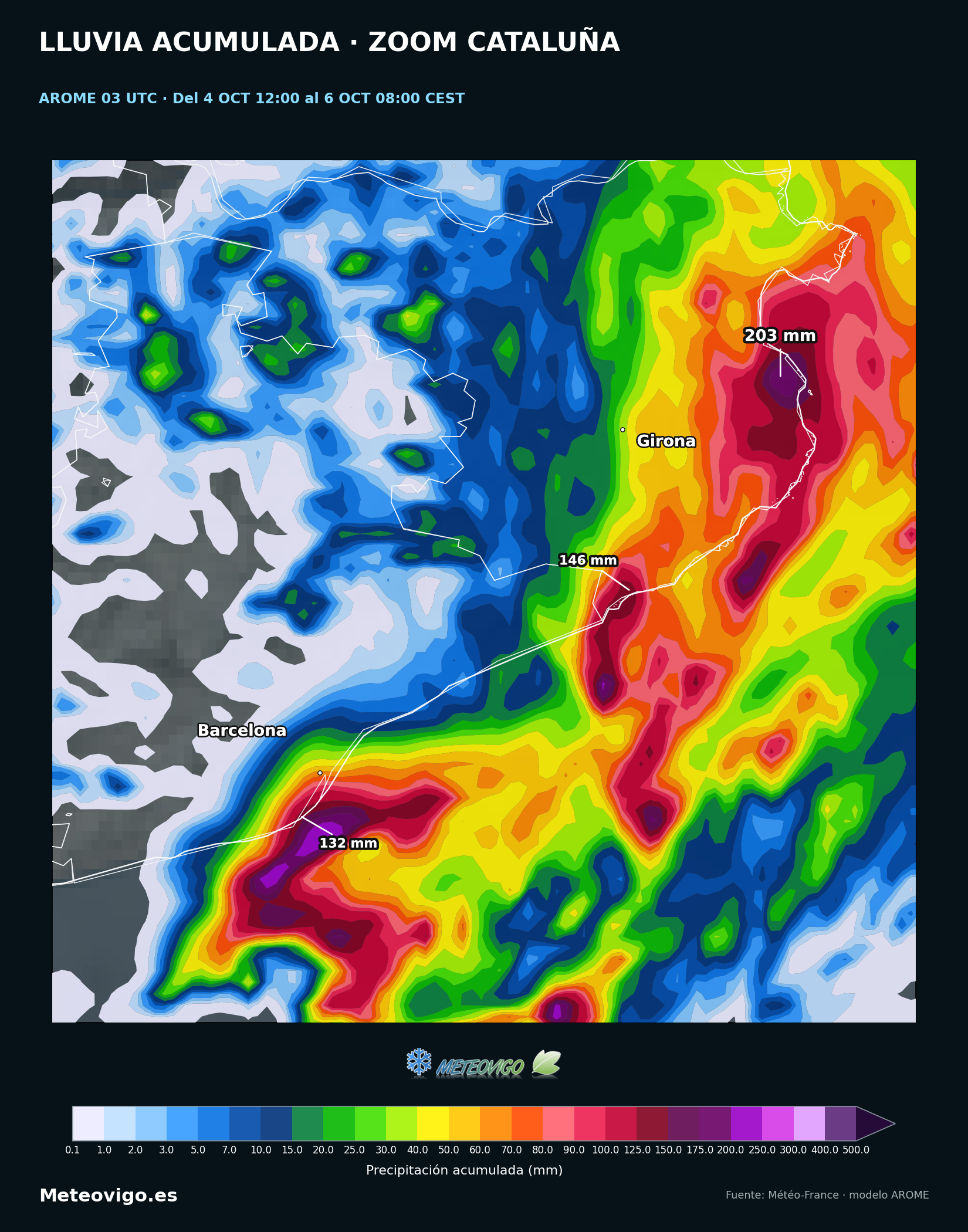 Zoom AROME de lluvias acumuladas en Barcelona y Girona, con el m&aacute;ximo de 203 mil&iacute;metros se&ntilde;alado sobre su n&uacute;cleo