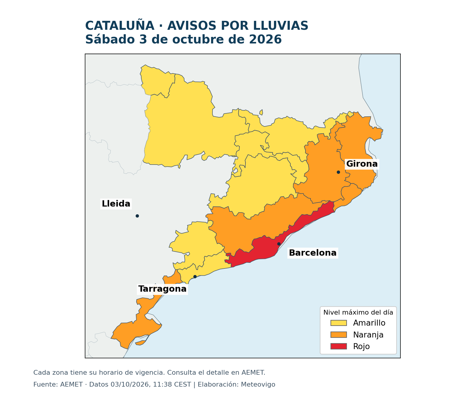 Avisos por lluvias de AEMET en Cataluña para el sábado 3 de octubre de 2026: nivel rojo en el litoral de Barcelona desde las 21:00.