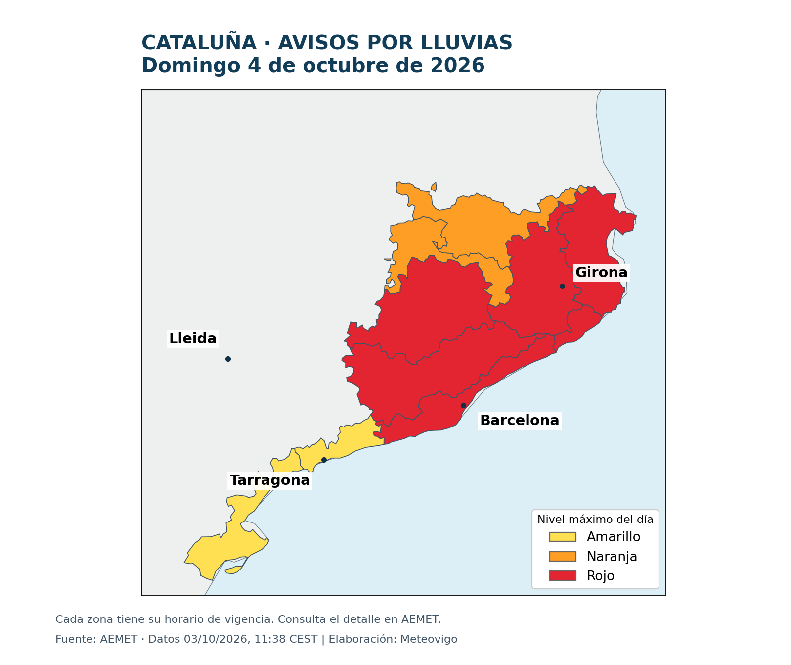 Avisos por lluvias de AEMET en Cataluña para el domingo 4 de octubre de 2026, con nivel rojo en seis zonas de Barcelona y Girona.