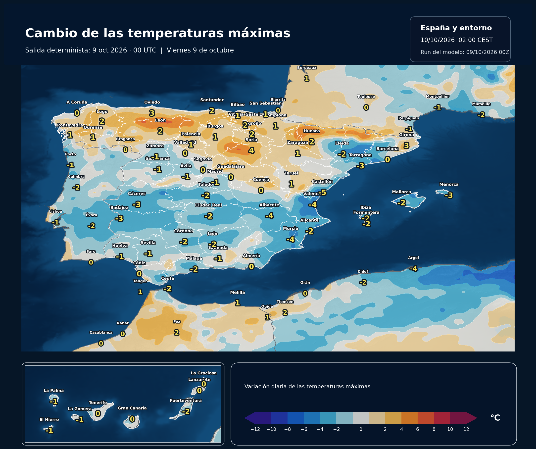 Cambio de las temperaturas máximas en España para el viernes 9 de octubre según el modelo europeo