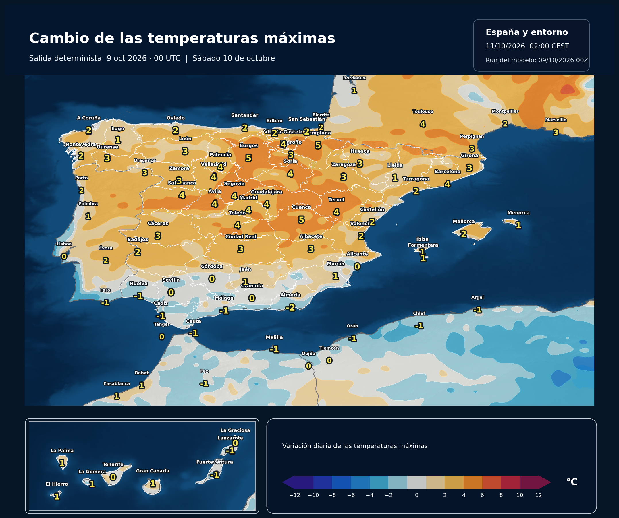 Cambio de las temperaturas máximas en España para el sábado 10 de octubre según el modelo europeo