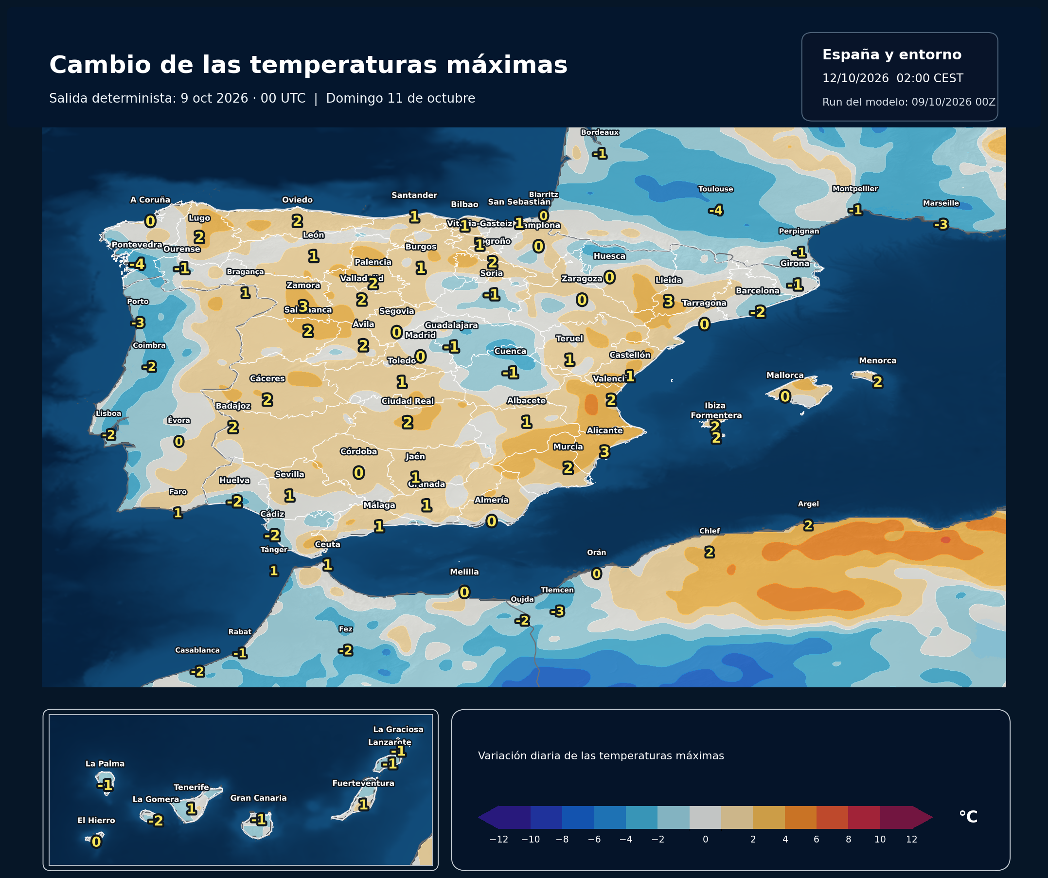 Cambio de las temperaturas máximas en España para el domingo 11 de octubre según el modelo europeo
