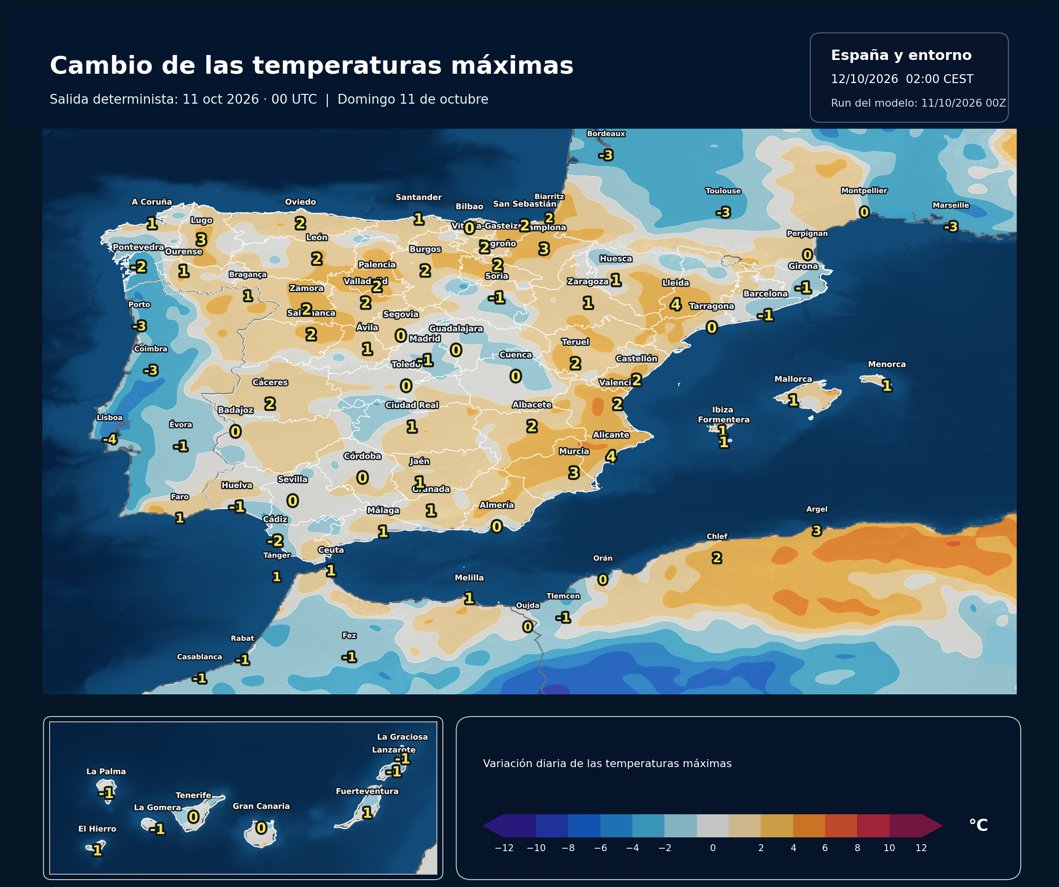 Cambio de las temperaturas máximas en España para el domingo 11 de octubre según el modelo europeo