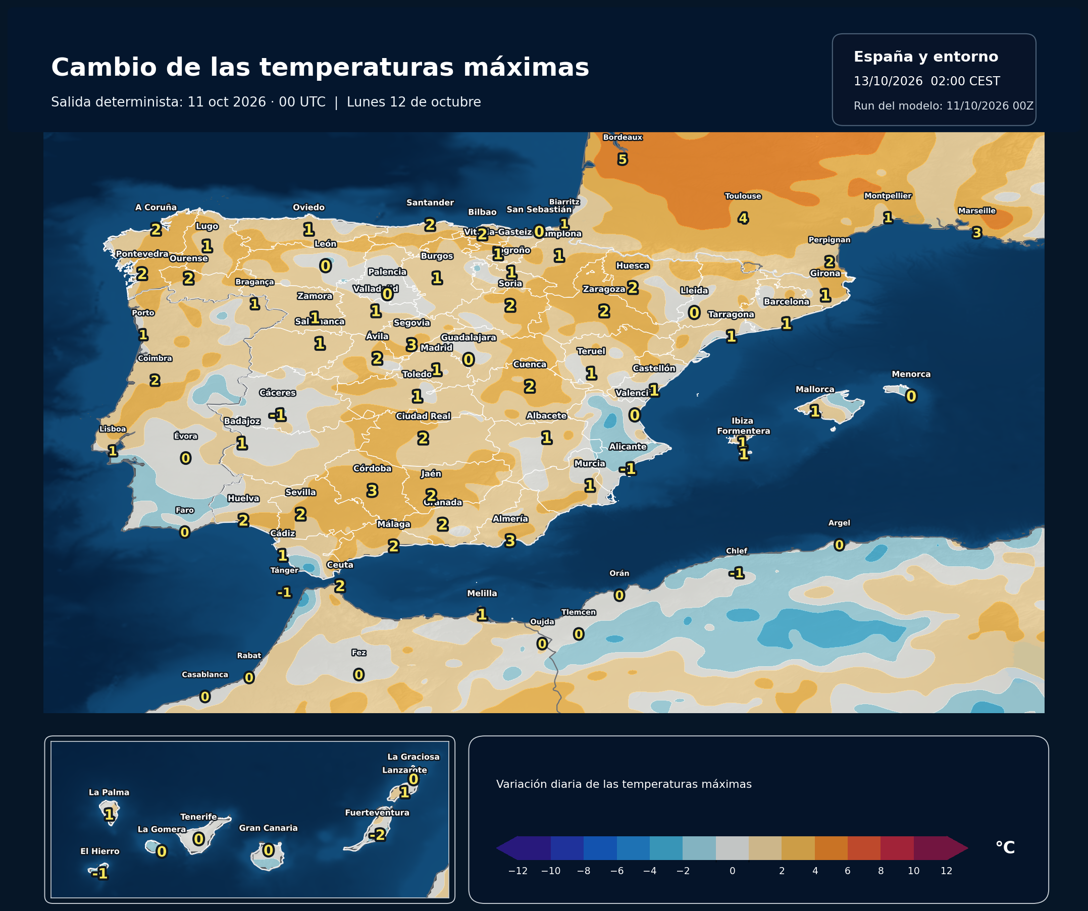 Cambio de las temperaturas máximas en España para el lunes 12 de octubre según el modelo europeo