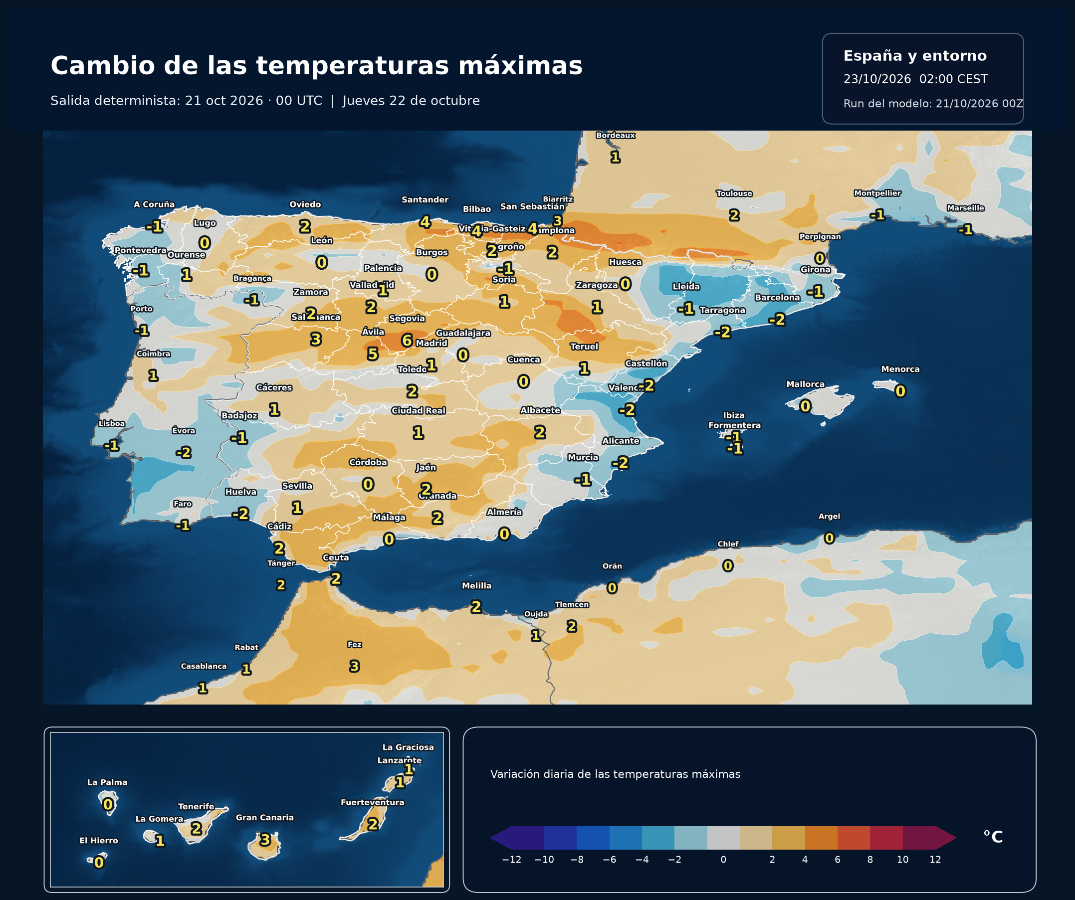 Cambio de las m&aacute;ximas respecto al d&iacute;a anterior del 22 de octubre. Modelo europeo ECMWF, salida del 21 de octubre a las 00 UTC. Meteovigo.