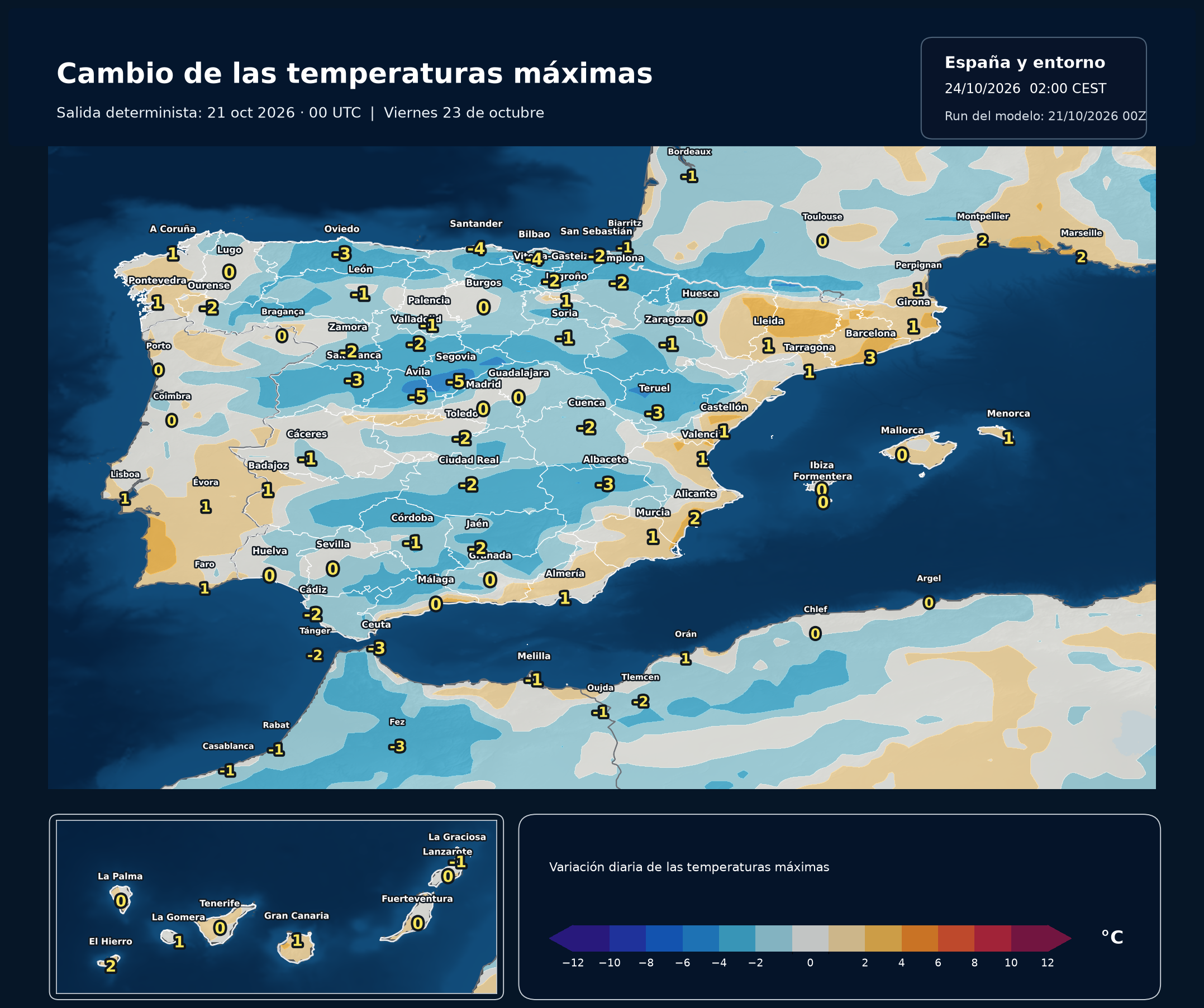 Cambio de las m&aacute;ximas respecto al d&iacute;a anterior del 23 de octubre. Modelo europeo ECMWF, salida del 21 de octubre a las 00 UTC. Meteovigo.