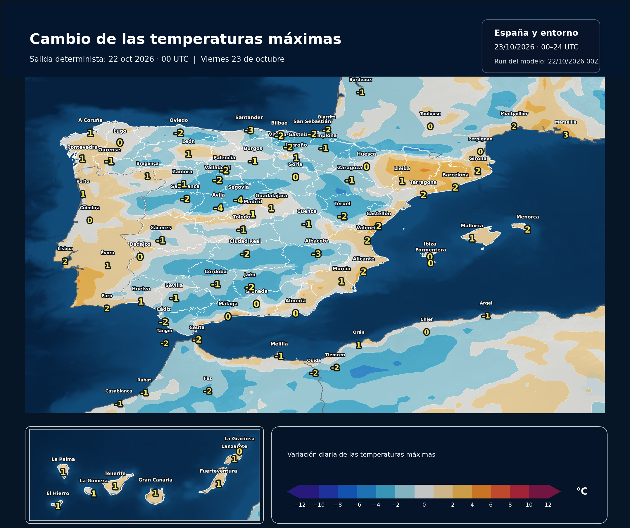 Cambio de las máximas respecto al día anterior del 23 de octubre. Modelo europeo ECMWF, salida del 22 de octubre de 2026 a las 00 UTC. Meteovigo.