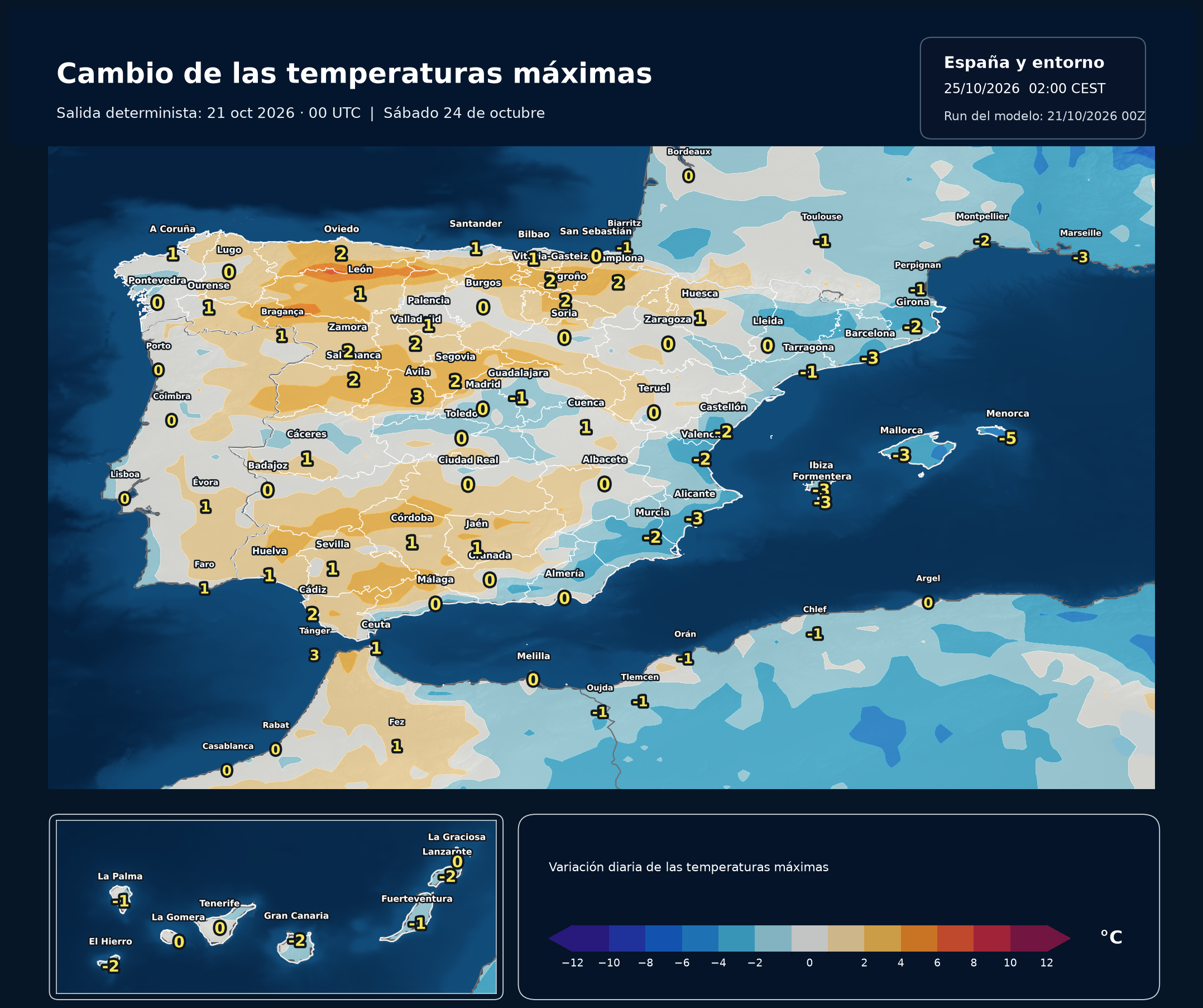 Cambio de las m&aacute;ximas respecto al d&iacute;a anterior del 24 de octubre. Modelo europeo ECMWF, salida del 21 de octubre a las 00 UTC. Meteovigo.