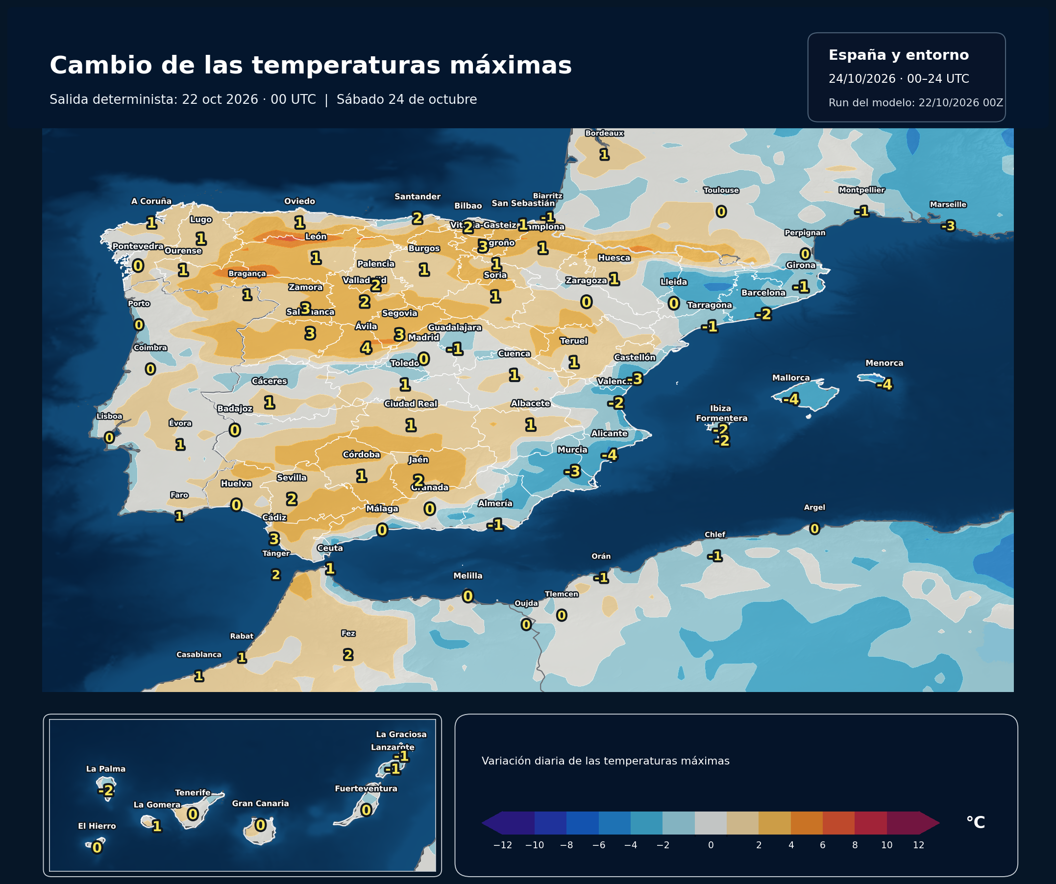Cambio de las máximas respecto al día anterior del 24 de octubre. Modelo europeo ECMWF, salida del 22 de octubre de 2026 a las 00 UTC. Meteovigo.