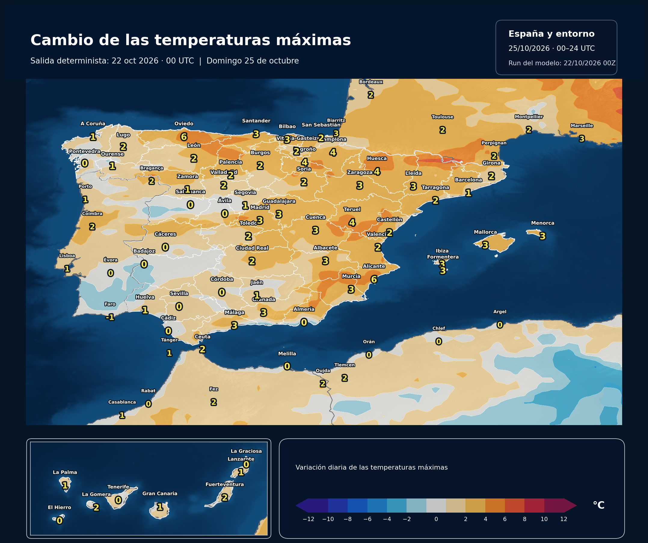 Cambio de las máximas respecto al día anterior del 25 de octubre. Modelo europeo ECMWF, salida del 22 de octubre de 2026 a las 00 UTC. Meteovigo.