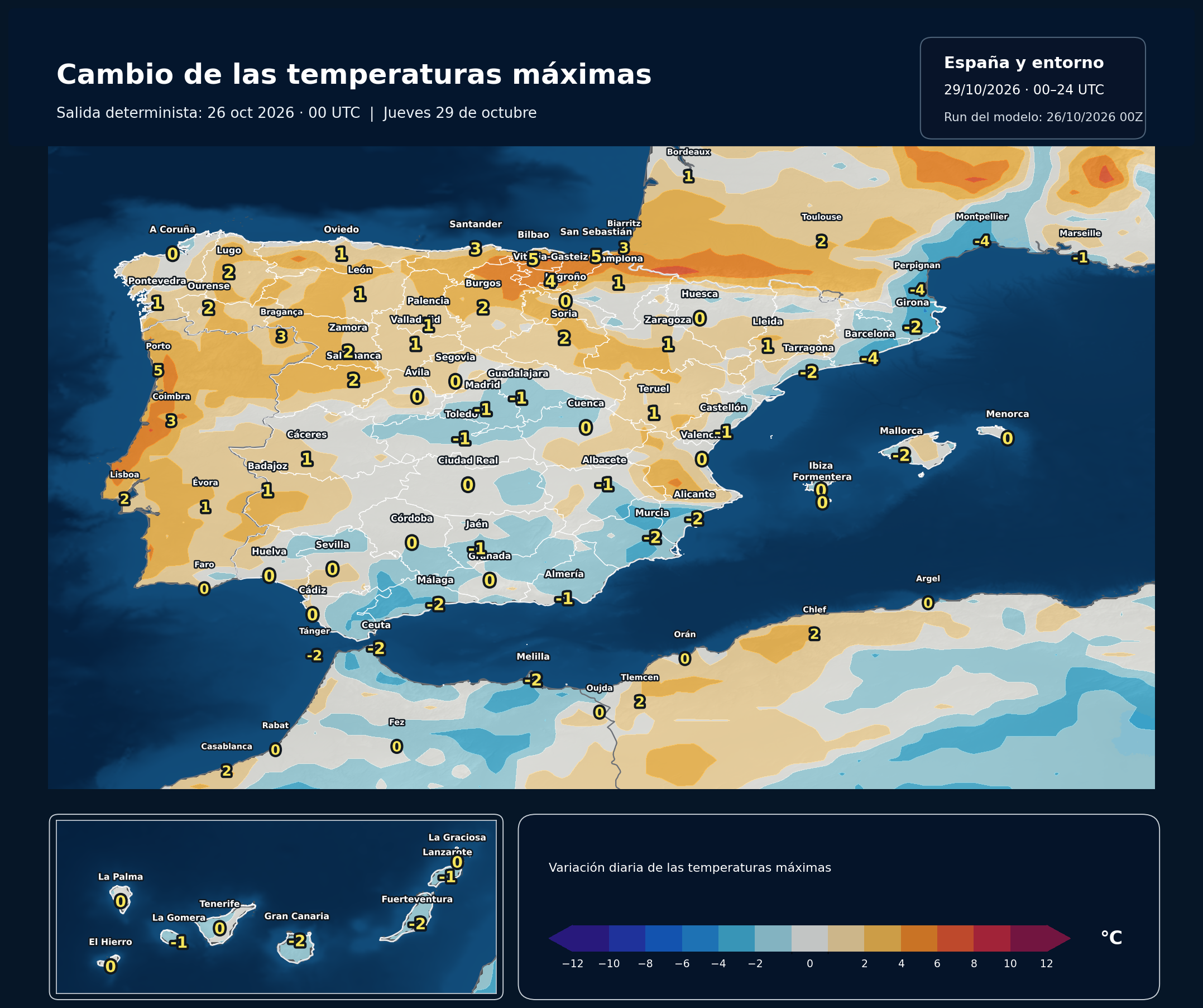 Cambio de las máximas respecto al día anterior. 29 de octubre de 2026, 00–24 UTC. ECMWF IFS, salida del 26 de octubre a las 00 UTC. Fuente: ECMWF.