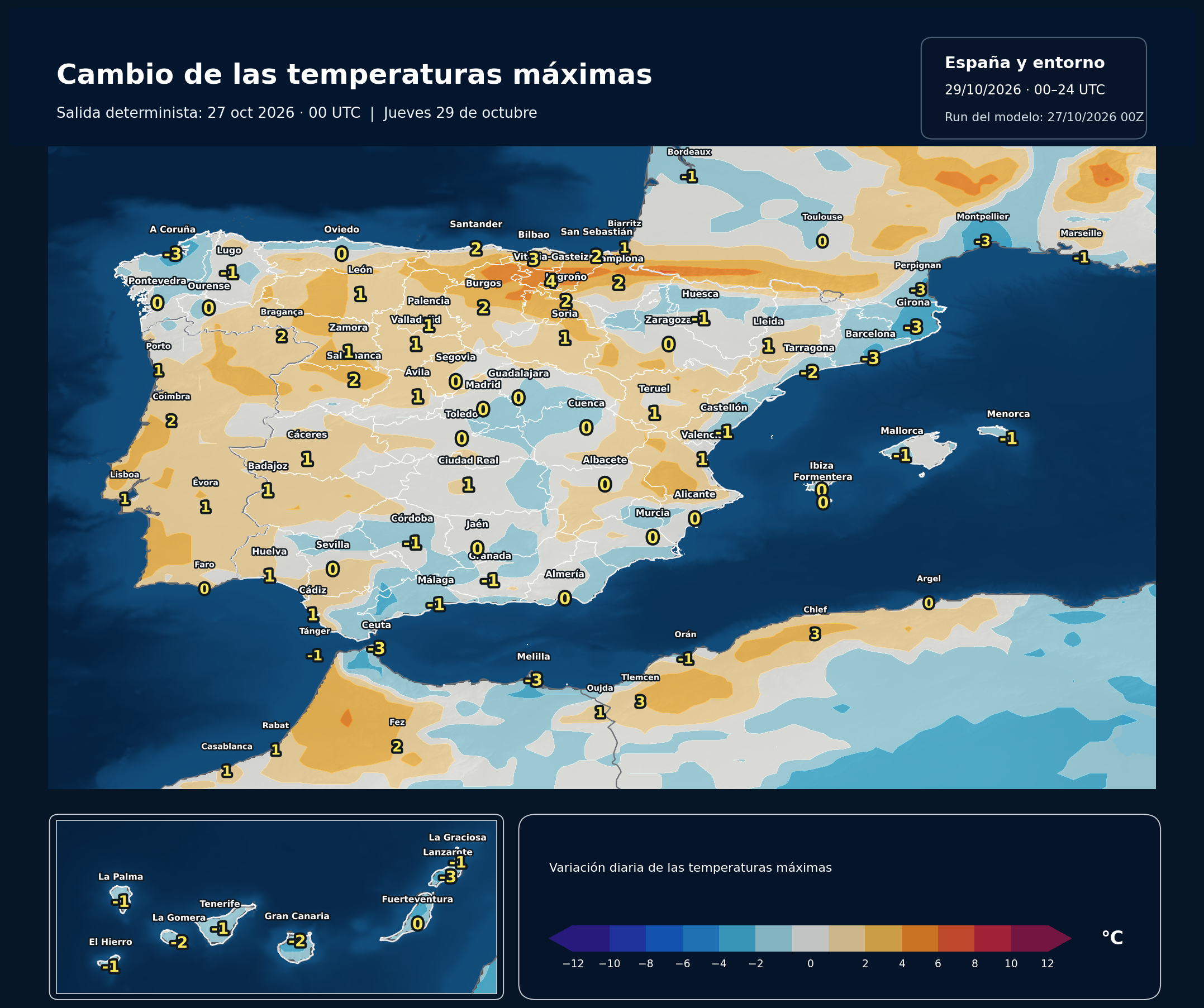 Cambio de las máximas respecto al día anterior. 29 de octubre de 2026, 00–24 UTC. ECMWF IFS, salida del 27 de octubre a las 00 UTC. Fuente: ECMWF.