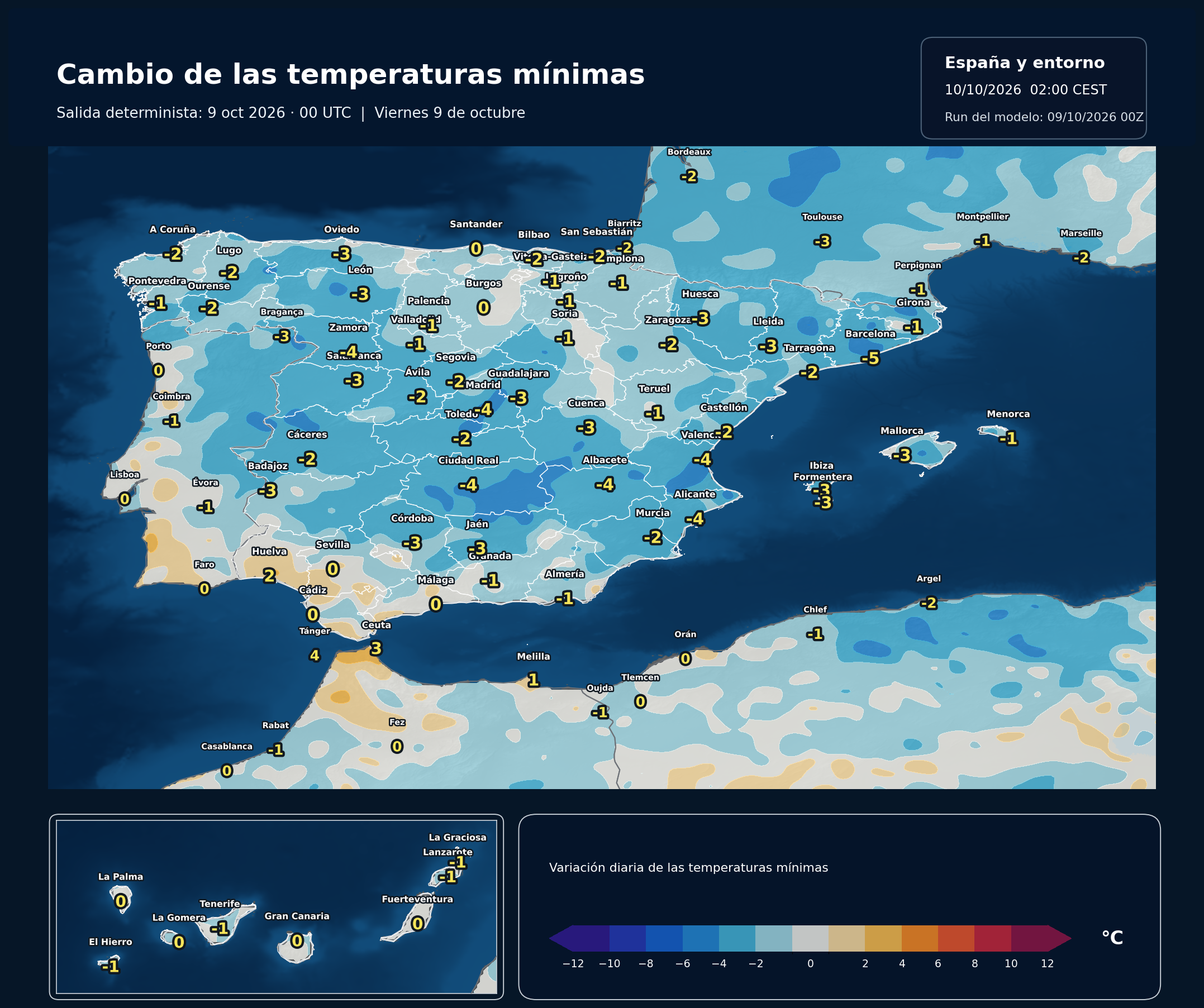 Cambio de las temperaturas mínimas en España para el viernes 9 de octubre según el modelo europeo
