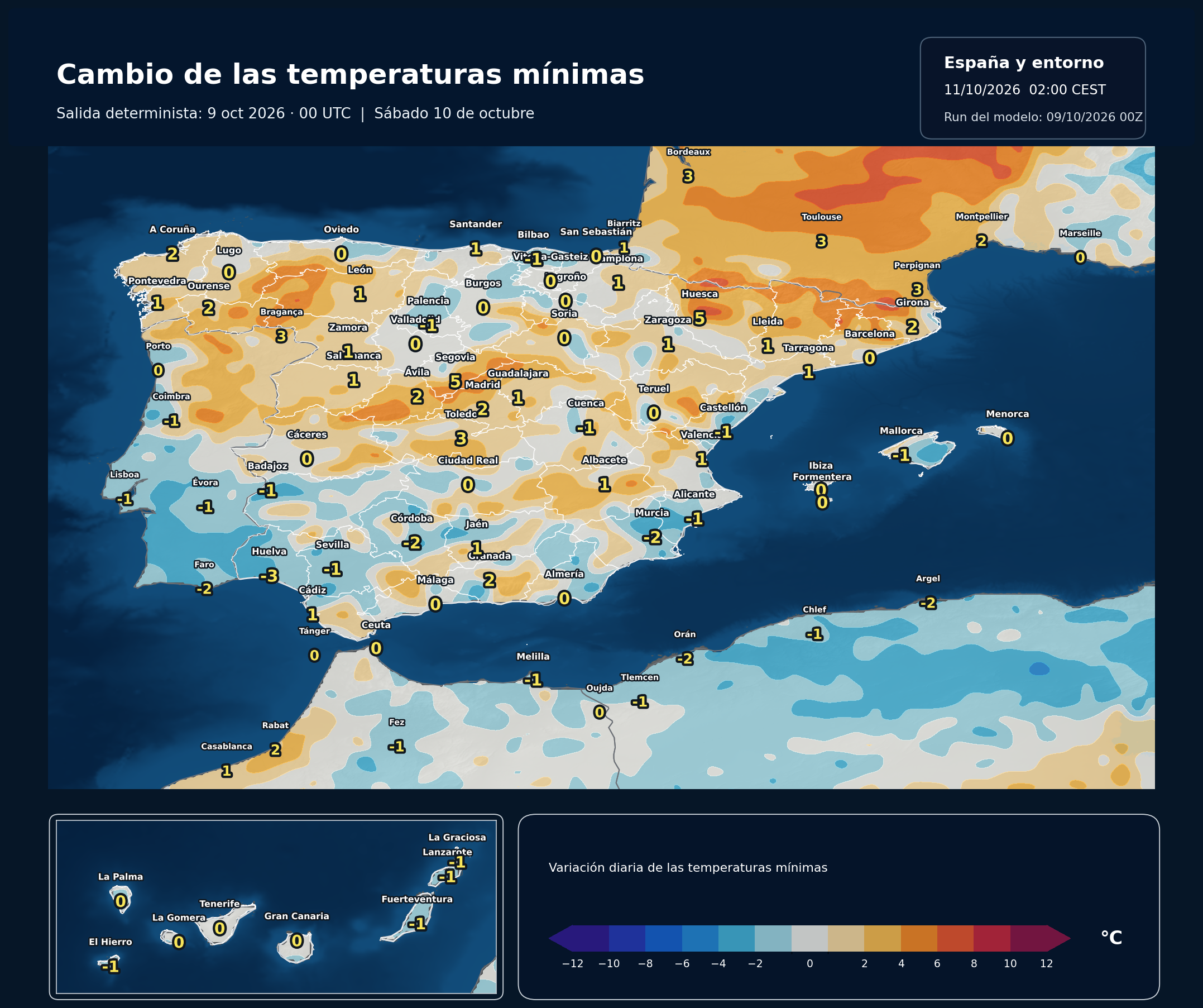 Cambio de las temperaturas mínimas en España para el sábado 10 de octubre según el modelo europeo