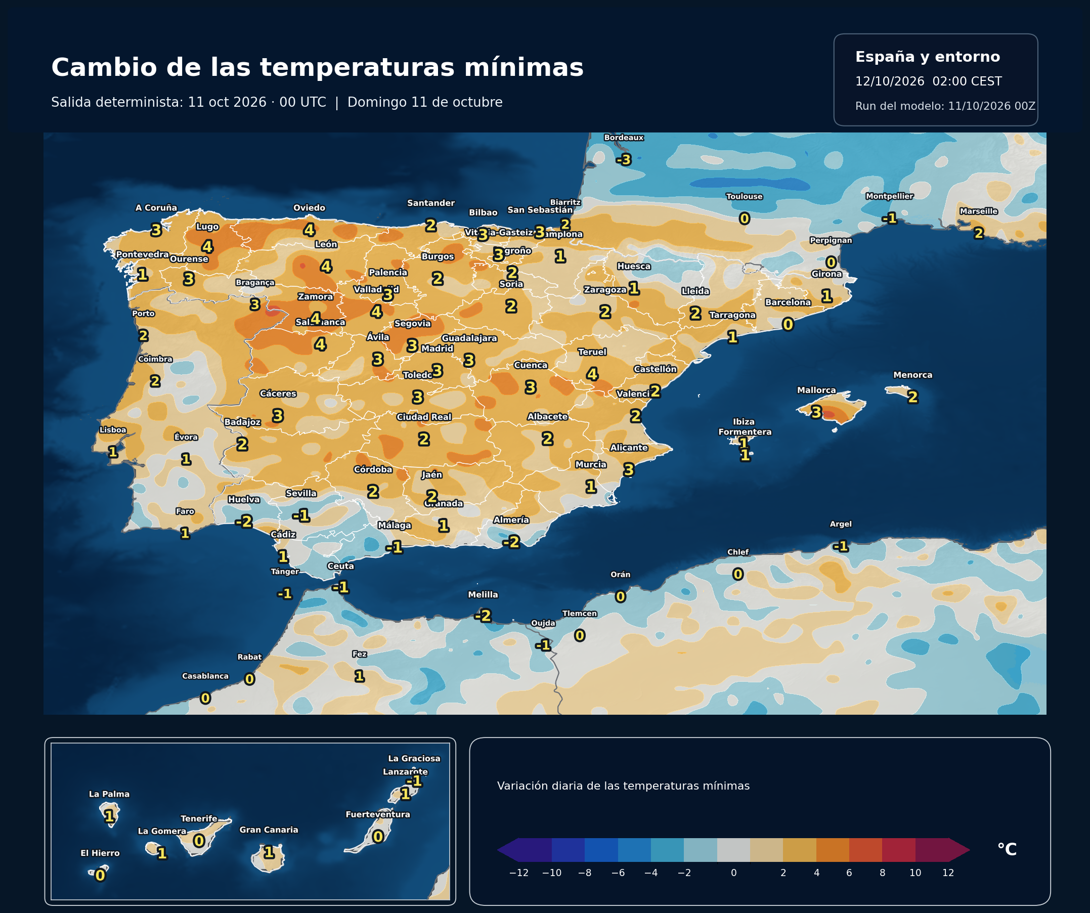 Cambio de las temperaturas mínimas en España para el domingo 11 de octubre según el modelo europeo