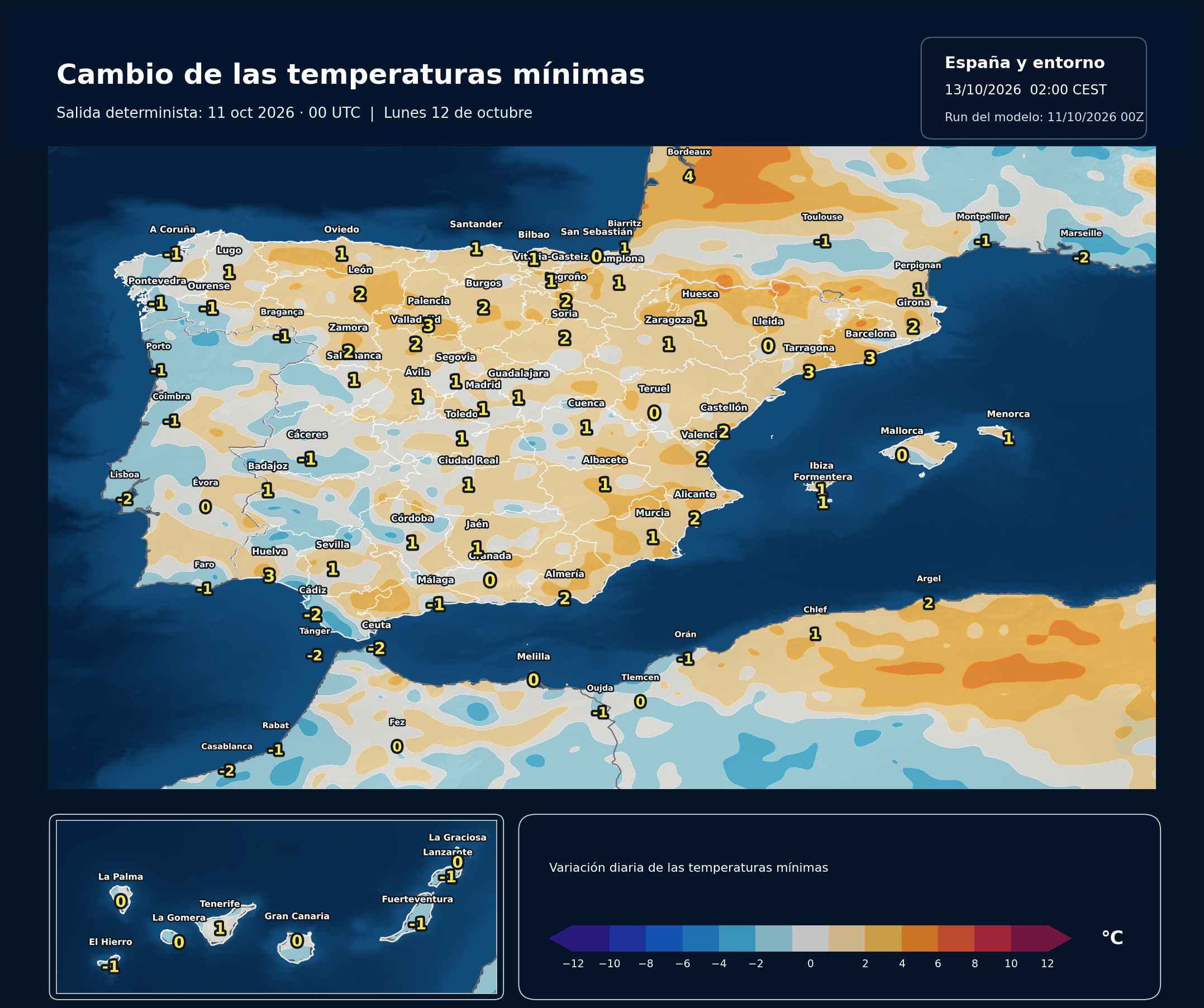 Cambio de las temperaturas mínimas en España para el lunes 12 de octubre según el modelo europeo