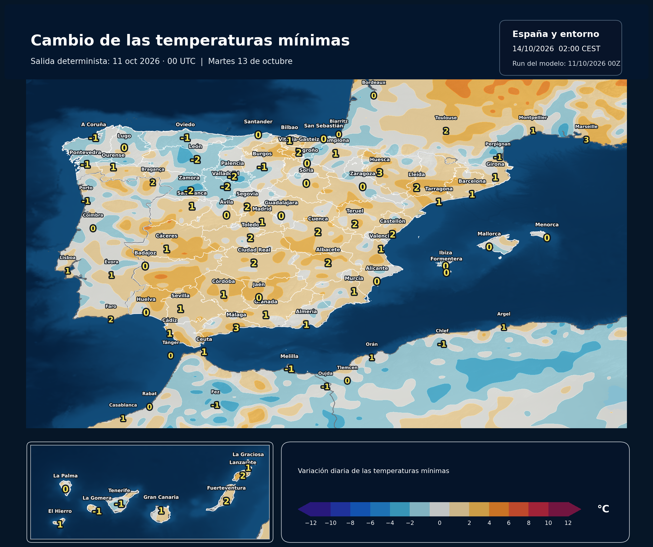 Cambio de las temperaturas mínimas en España para el martes 13 de octubre según el modelo europeo
