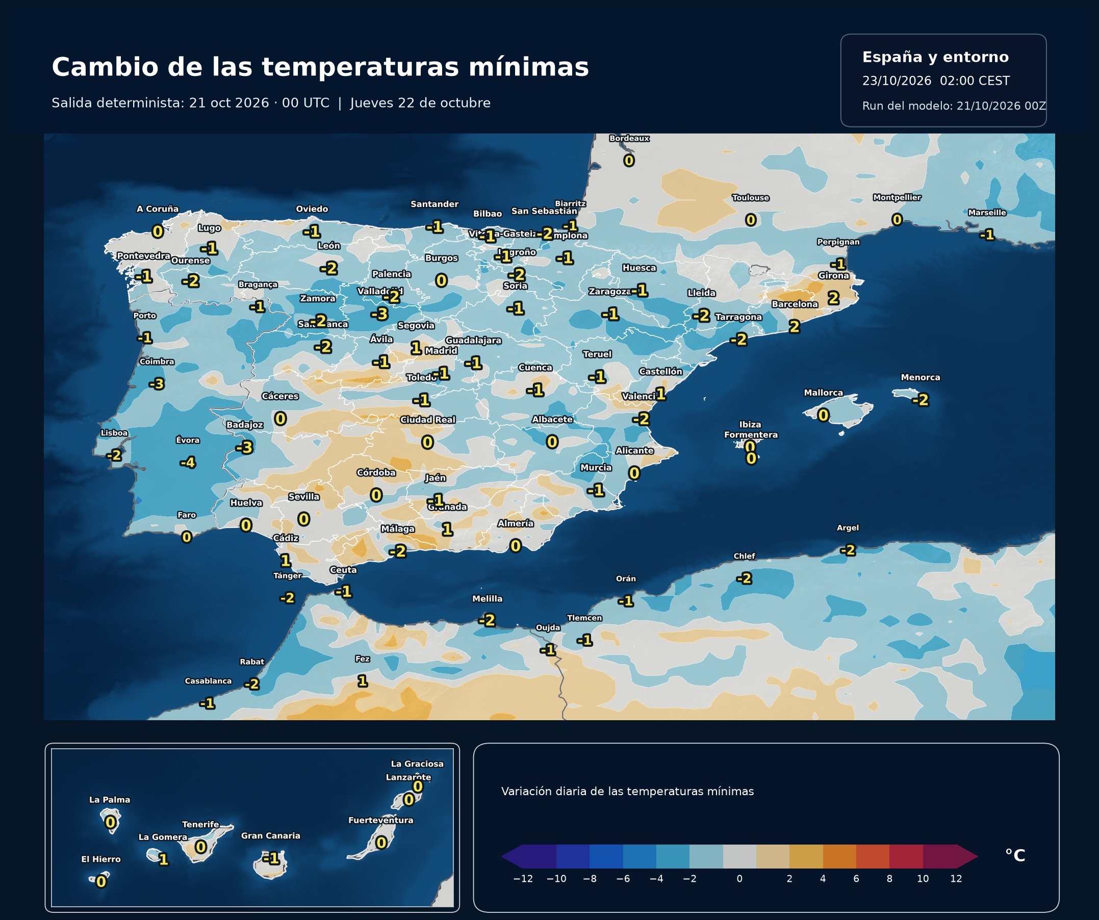 Cambio de las m&iacute;nimas respecto al d&iacute;a anterior del 22 de octubre. Modelo europeo ECMWF, salida del 21 de octubre a las 00 UTC. Meteovigo.