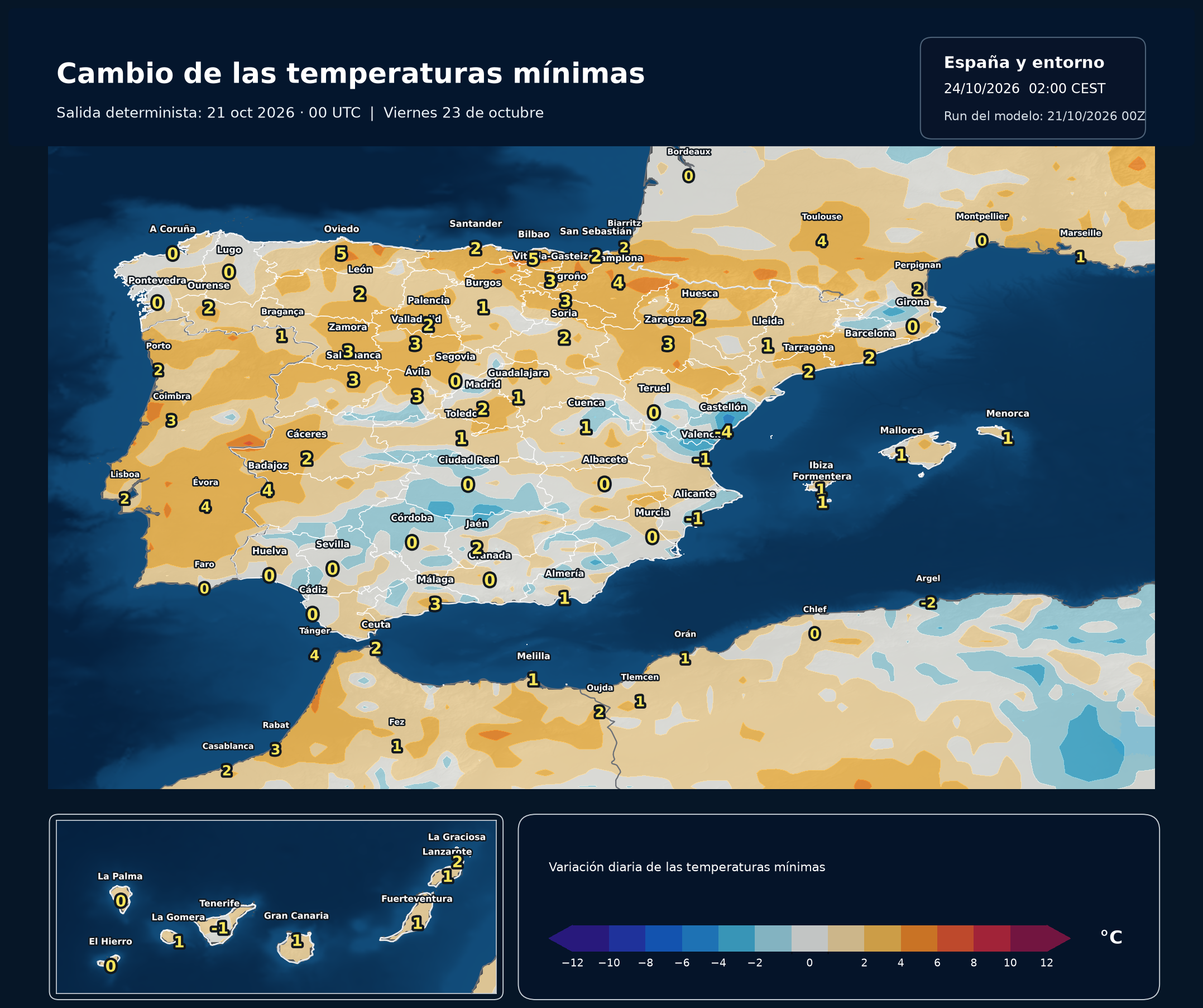 Cambio de las m&iacute;nimas respecto al d&iacute;a anterior del 23 de octubre. Modelo europeo ECMWF, salida del 21 de octubre a las 00 UTC. Meteovigo.