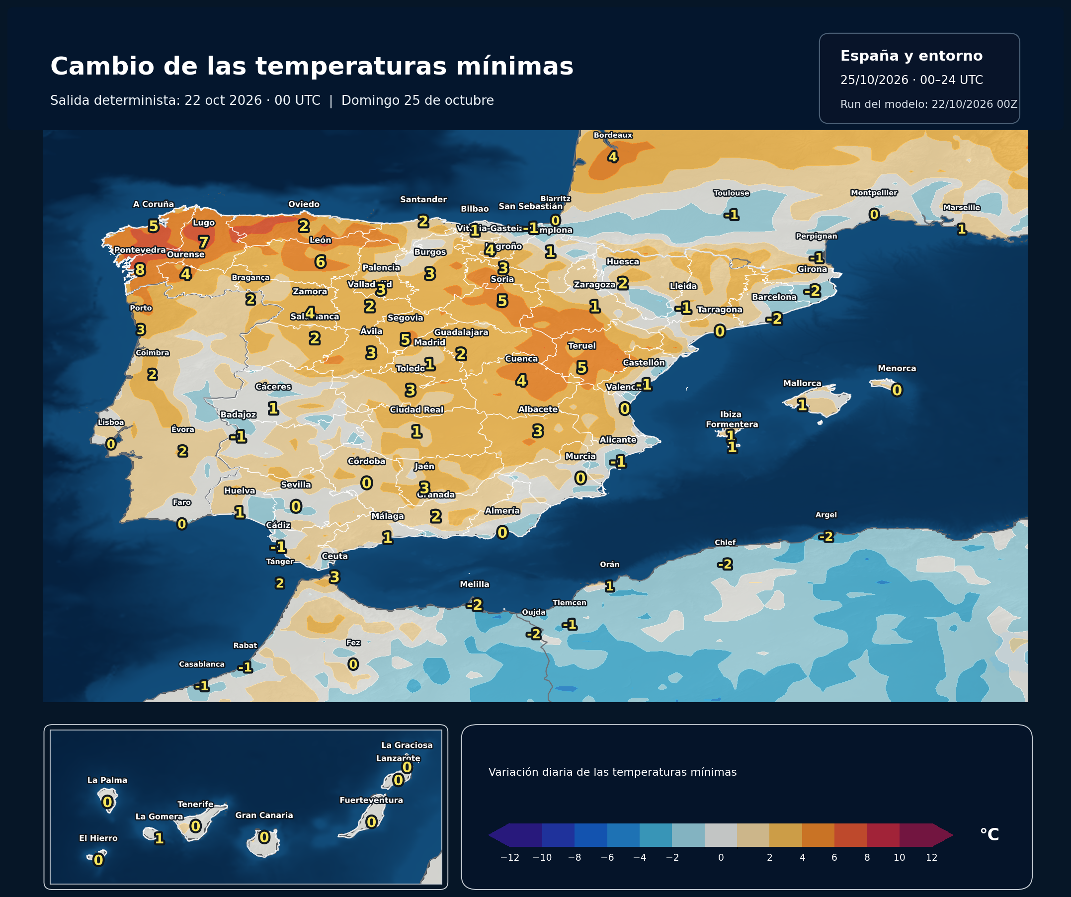 Cambio de las mínimas respecto al día anterior del 25 de octubre. Modelo europeo ECMWF, salida del 22 de octubre de 2026 a las 00 UTC. Meteovigo.