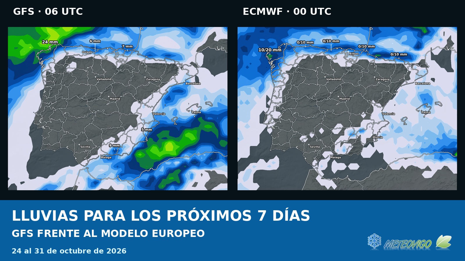 Comparativa de lluvias a siete días: GFS 06 UTC y ECMWF 00 UTC del 24 de octubre de 2026