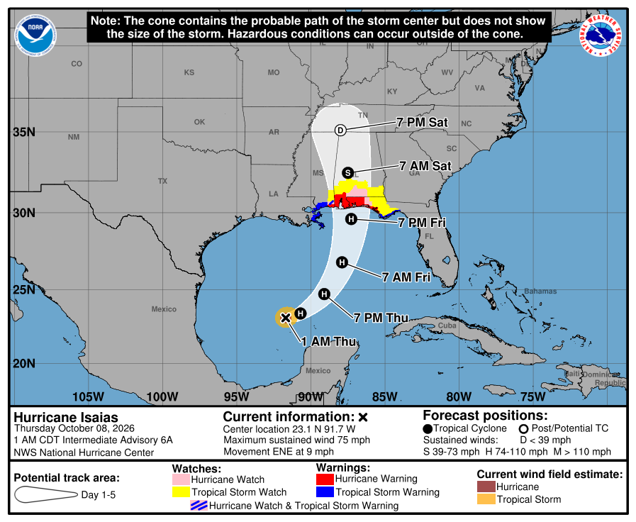 Cono oficial de trayectoria y avisos del hurac&aacute;n Isa&iacute;as del NHC, aviso 6A del 8 de octubre de 2026 a las 06 UTC