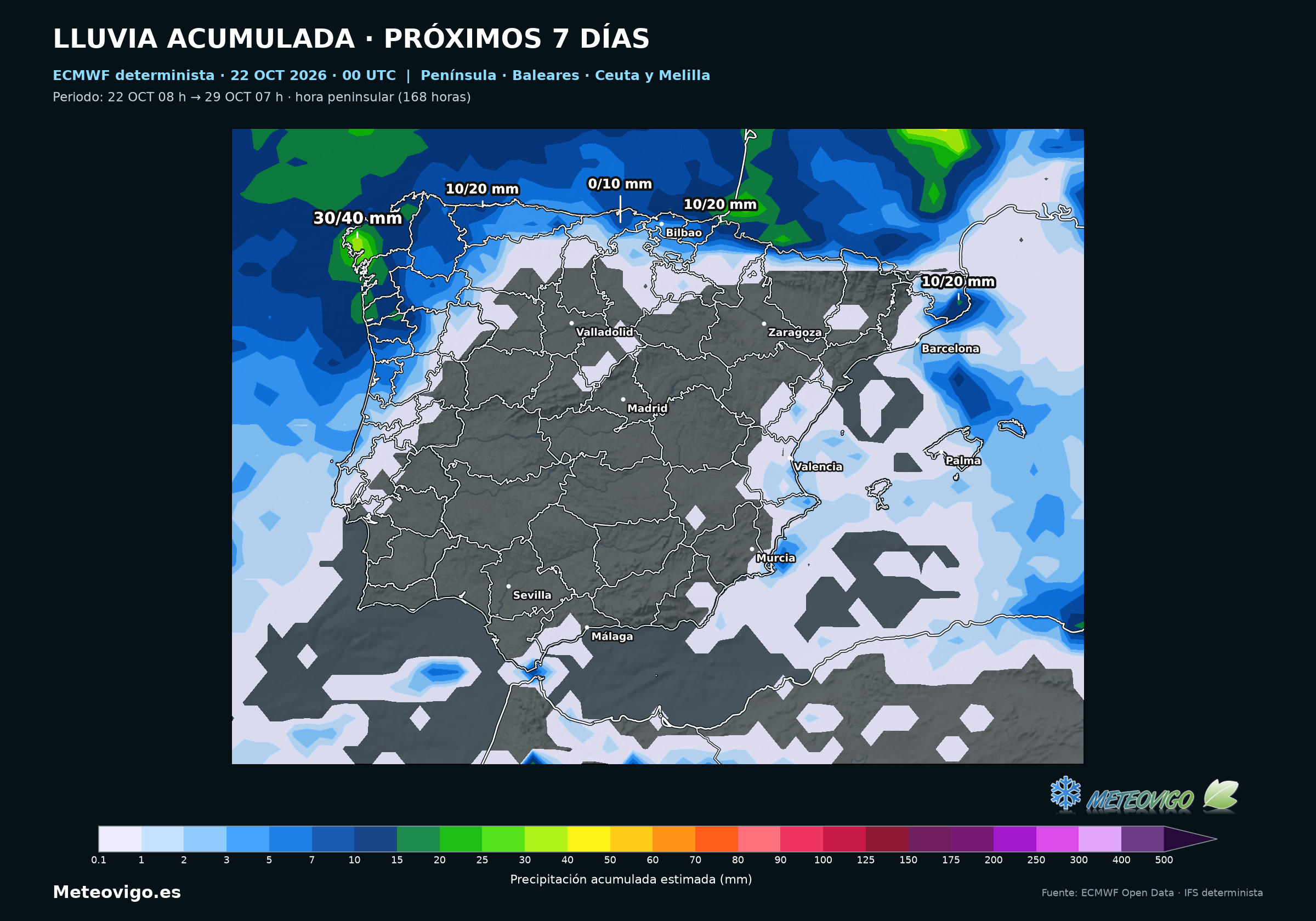 Península, Baleares, Ceuta y Melilla: lluvia acumulada del 22 al 29 de octubre. ECMWF determinista, salida del 22 de octubre de 2026 a las 00 UTC. Elaboración Meteovigo con datos ECMWF Open Data.