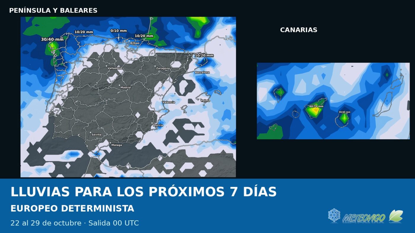 Lluvias para los próximos siete días: nuevos mapas ECMWF determinista del 22 de octubre de 2026