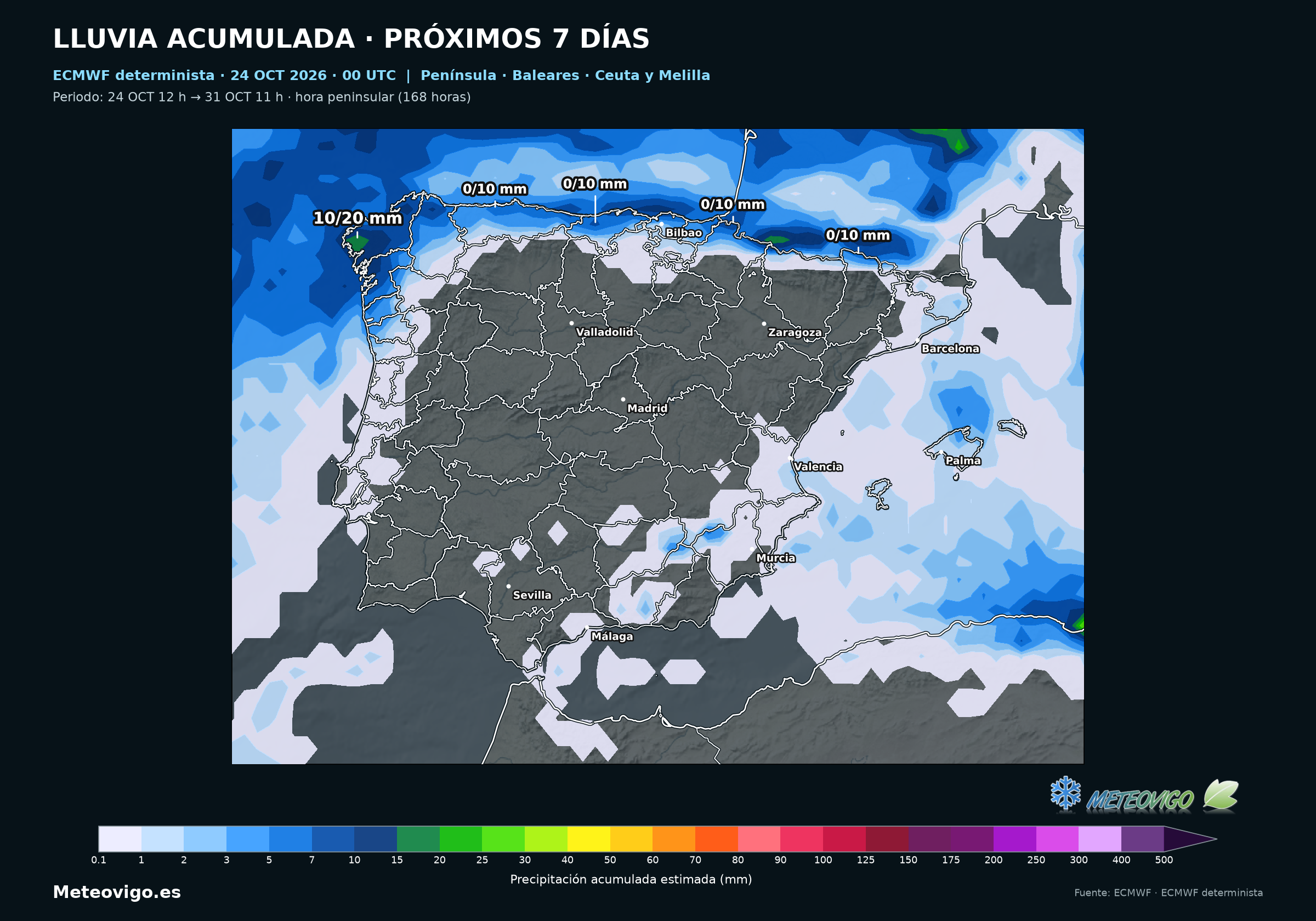 Península, Baleares, Ceuta y Melilla. Lluvia acumulada del 24 al 31 de octubre de 2026 (10–10 UTC). ECMWF determinista, salida del día 24 a las 00 UTC. Fuente: ECMWF.