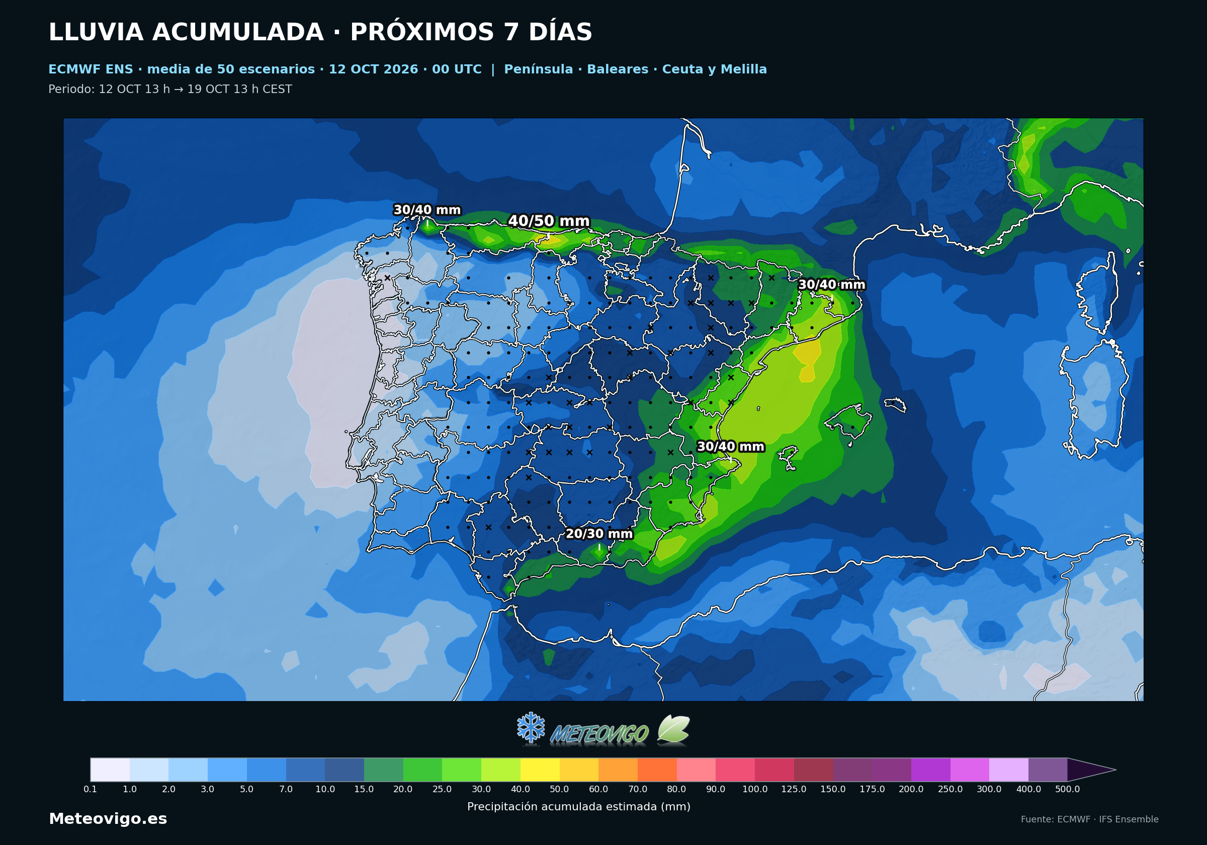 Media de la lluvia acumulada prevista por los Ensemble del modelo europeo en la Península, Baleares, Ceuta y Melilla del 12 al 19 de octubre