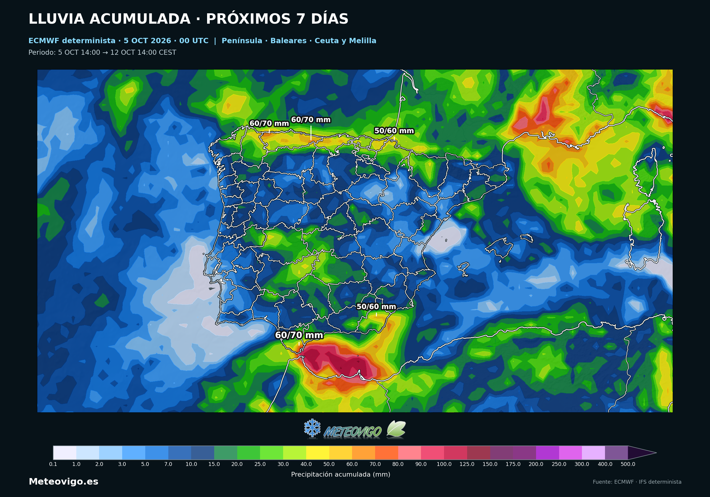 Lluvias del europeo determinista en España del 5 al 12 de octubre de 2026, de 14:00 a 14:00 hora peninsular