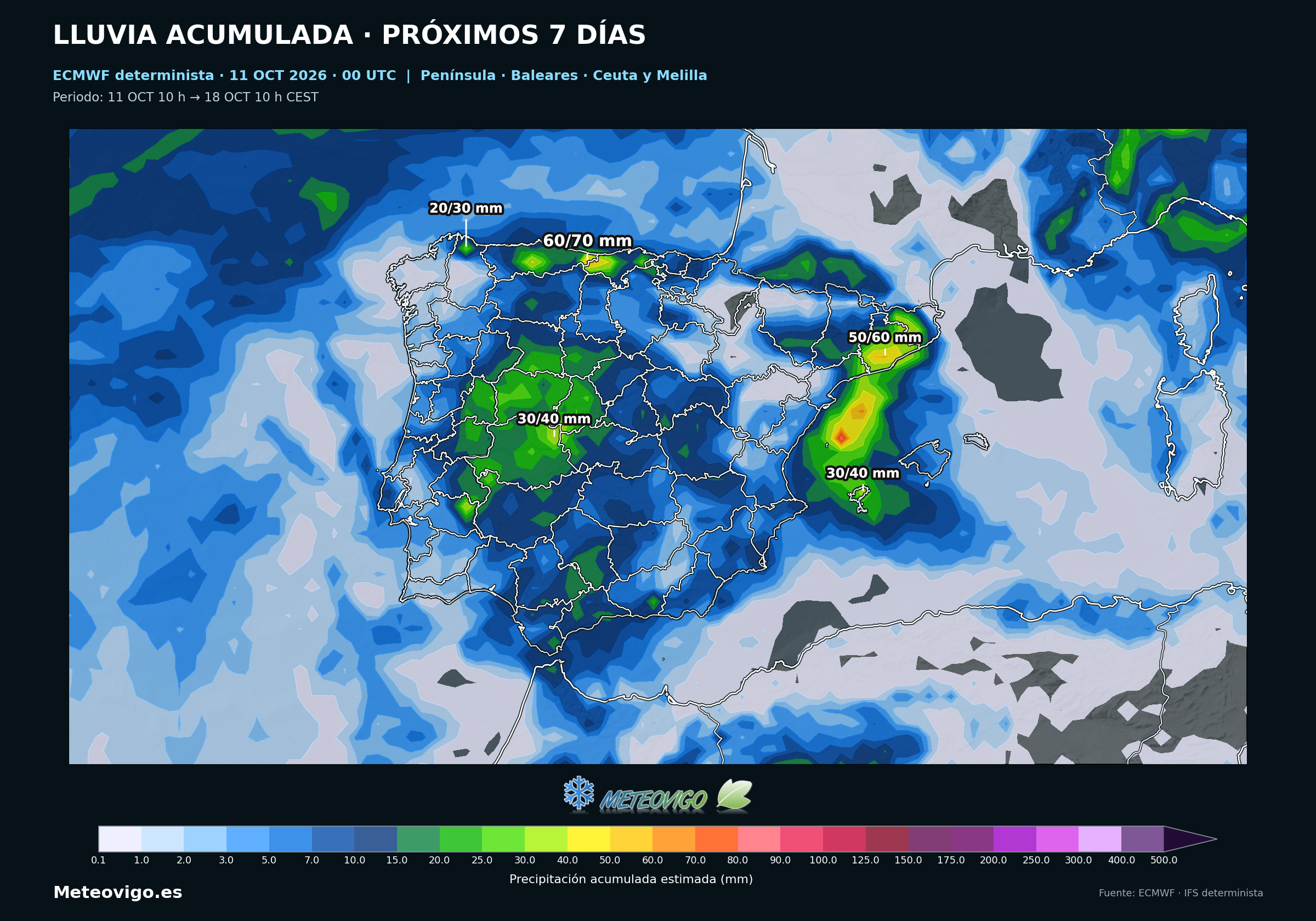 Lluvia acumulada prevista por el modelo europeo determinista en la Pen&iacute;nsula, Baleares, Ceuta y Melilla del 11 al 18 de octubre