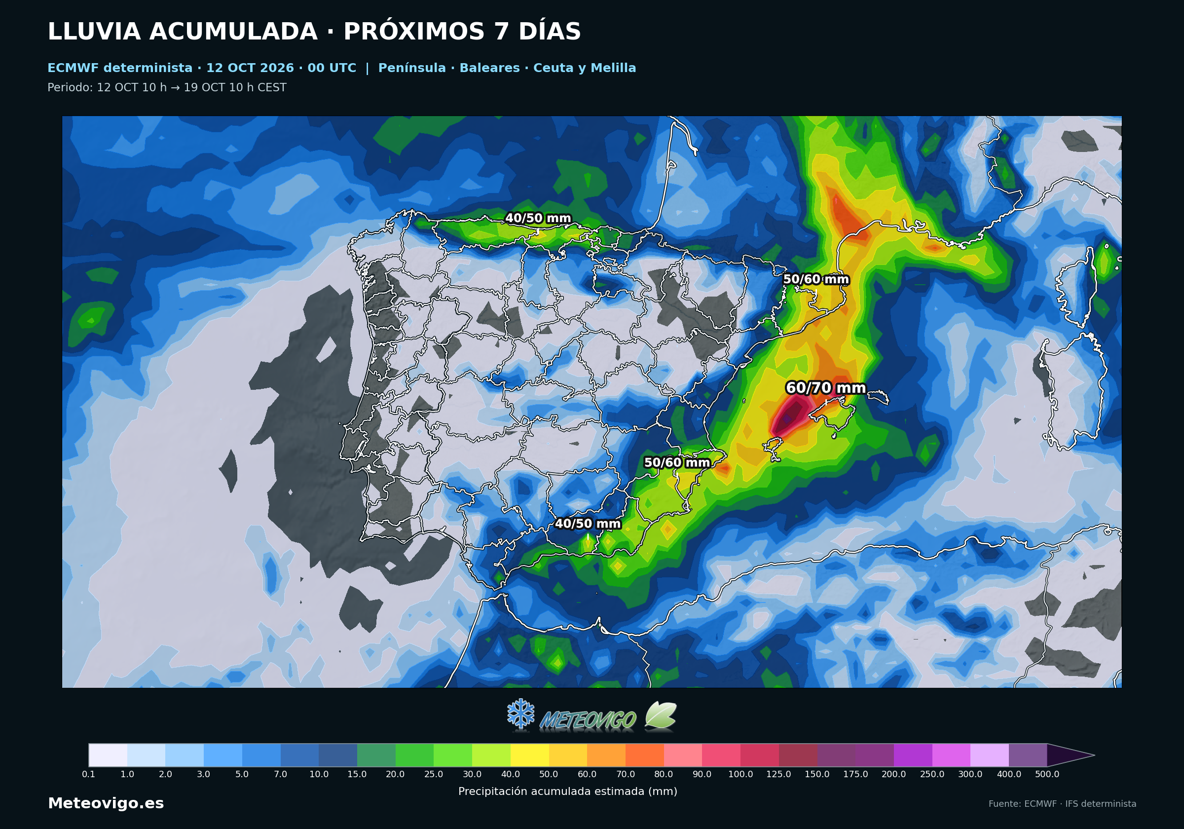 Lluvia acumulada prevista por el modelo europeo determinista en la Península, Baleares, Ceuta y Melilla del 12 al 19 de octubre