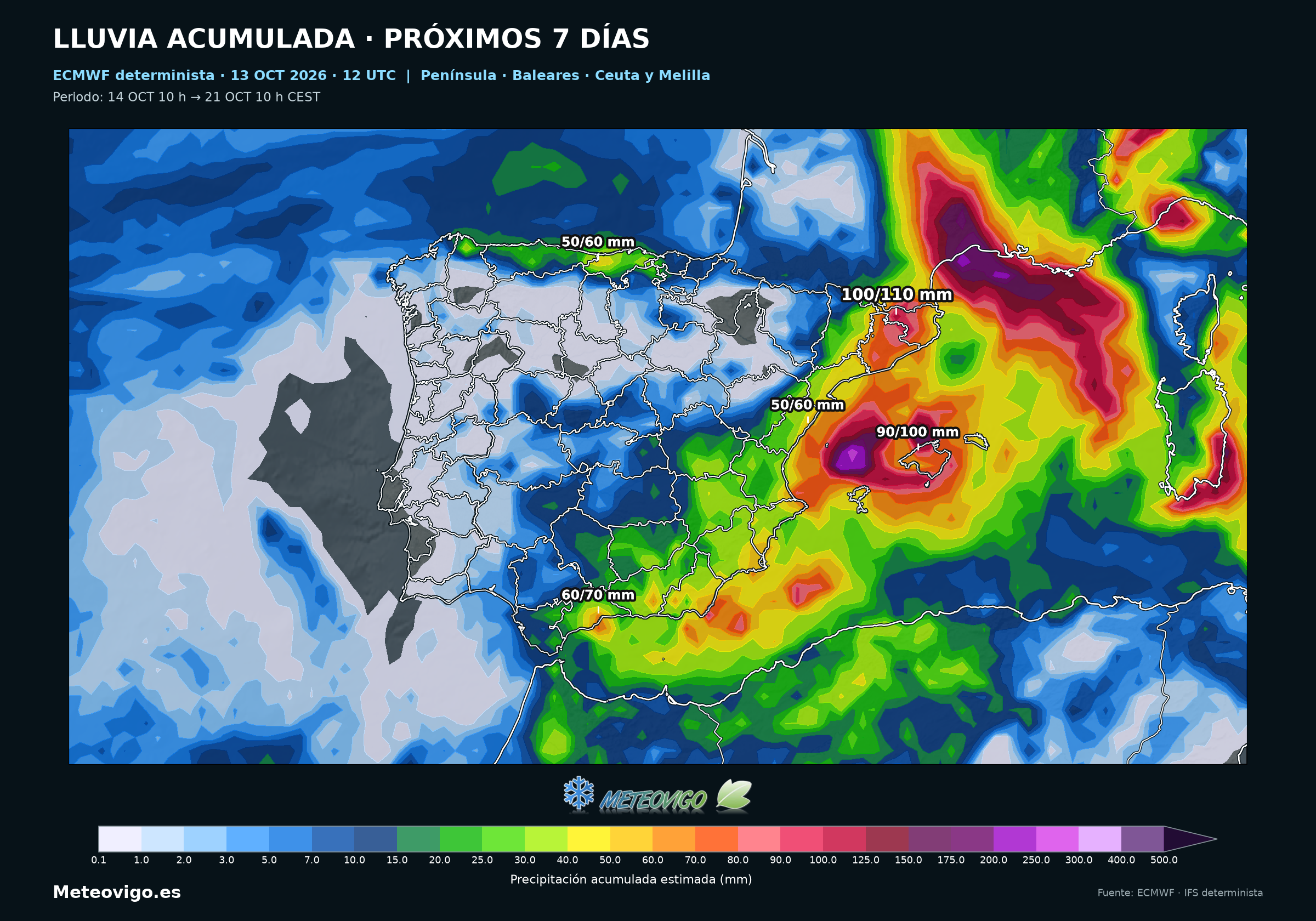 Lluvia acumulada del europeo determinista en la Península y Baleares del 14 al 21 de octubre de 2026