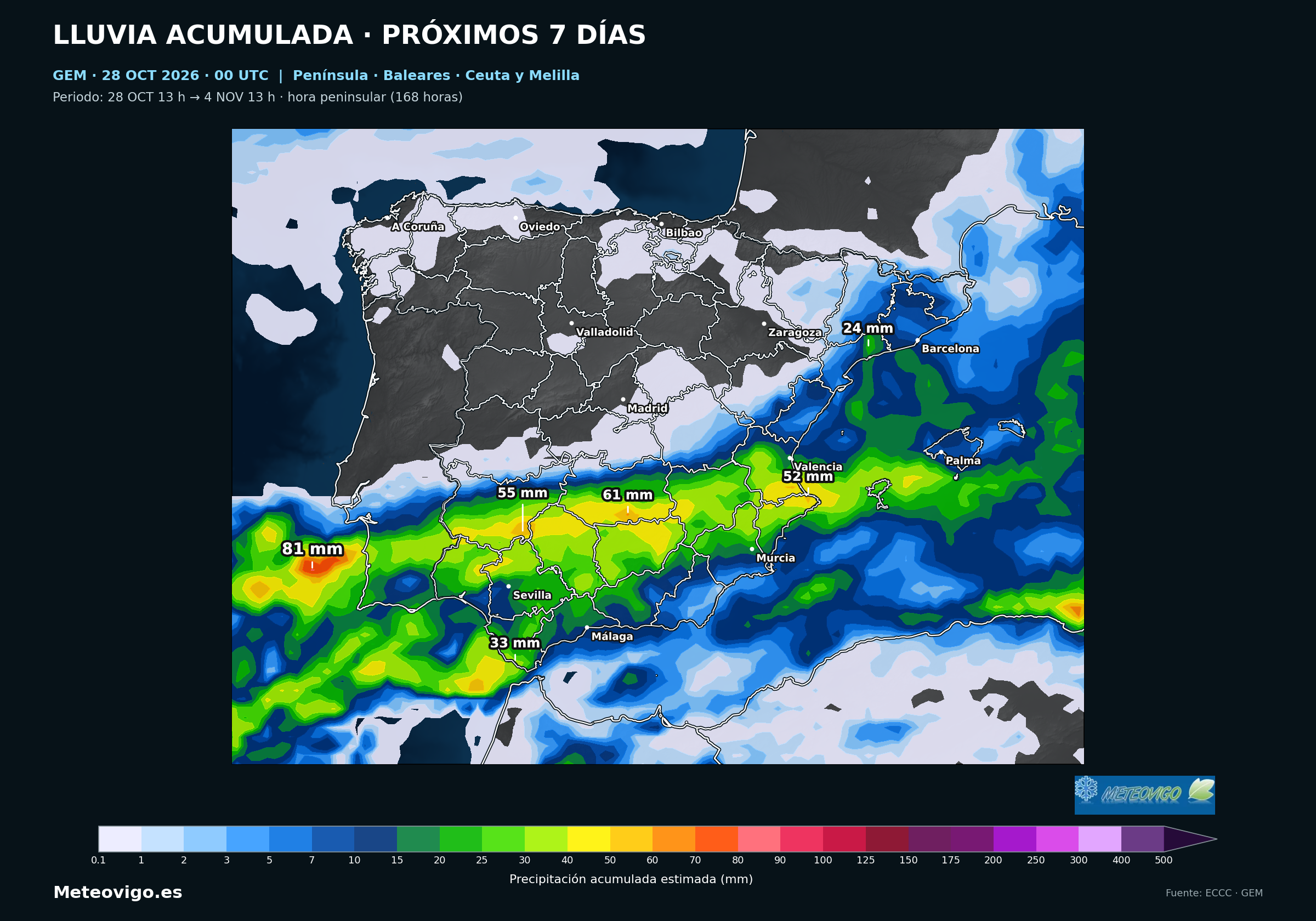 Península, Baleares, Ceuta y Melilla. Lluvia acumulada del 28 de octubre al 4 de noviembre de 2026, 12–12 UTC. GEM, salida del 28 a las 00 UTC. Fuente: ECCC.