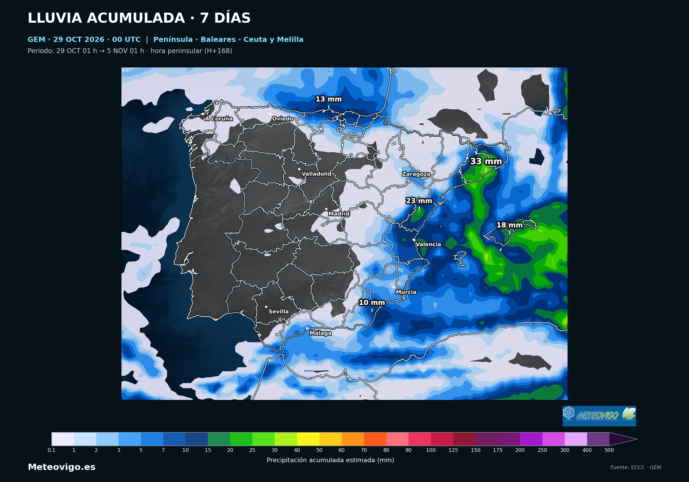 Península, Baleares, Ceuta y Melilla. Lluvia acumulada del 29 de octubre al 5 de noviembre de 2026, 00–00 UTC. GEM, salida del 29 a las 00 UTC. Fuente: ECCC.