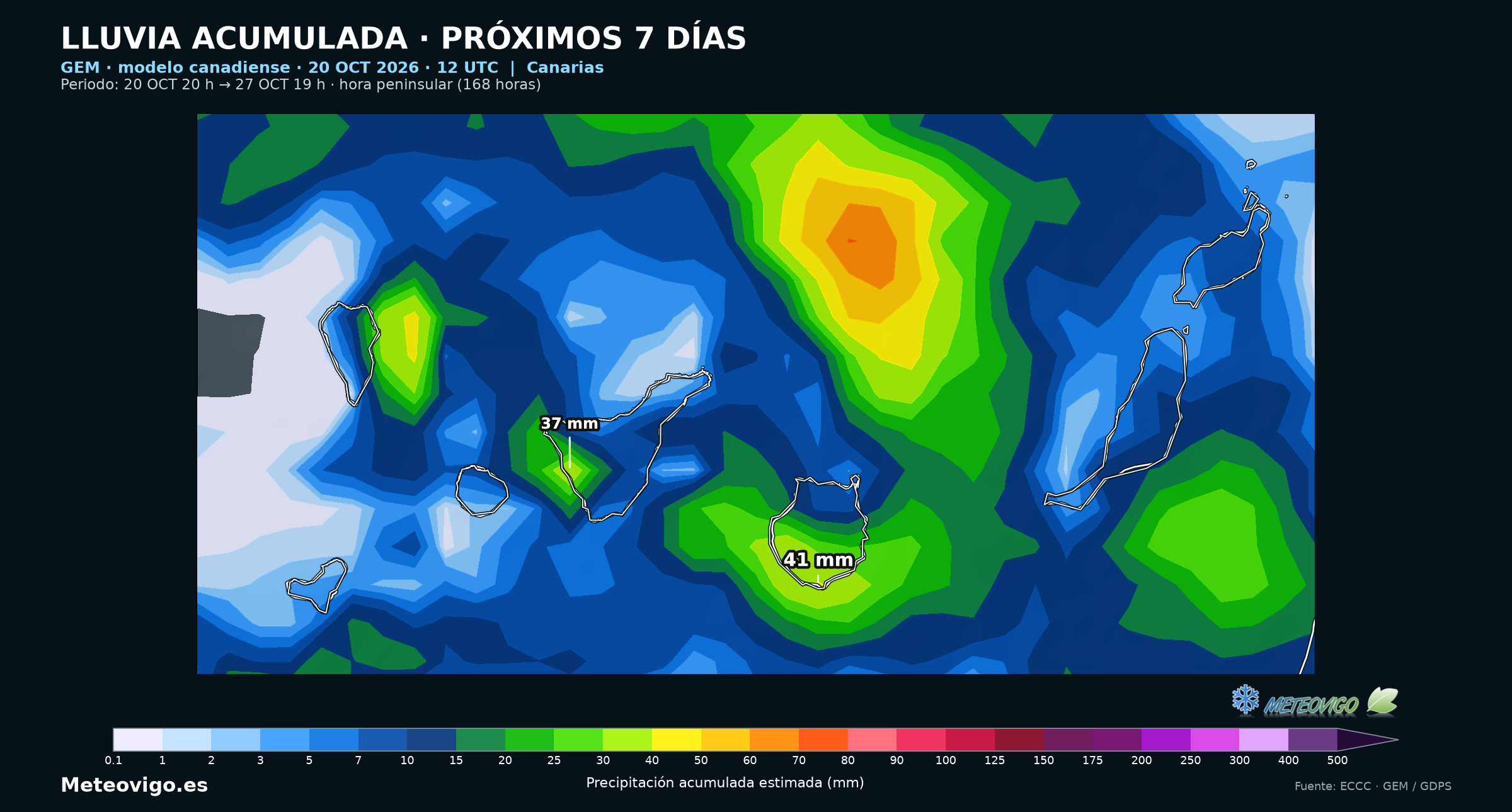 Lluvias siete d&iacute;as GEM 12 UTC: canarias, 20 a 27 octubre 2026