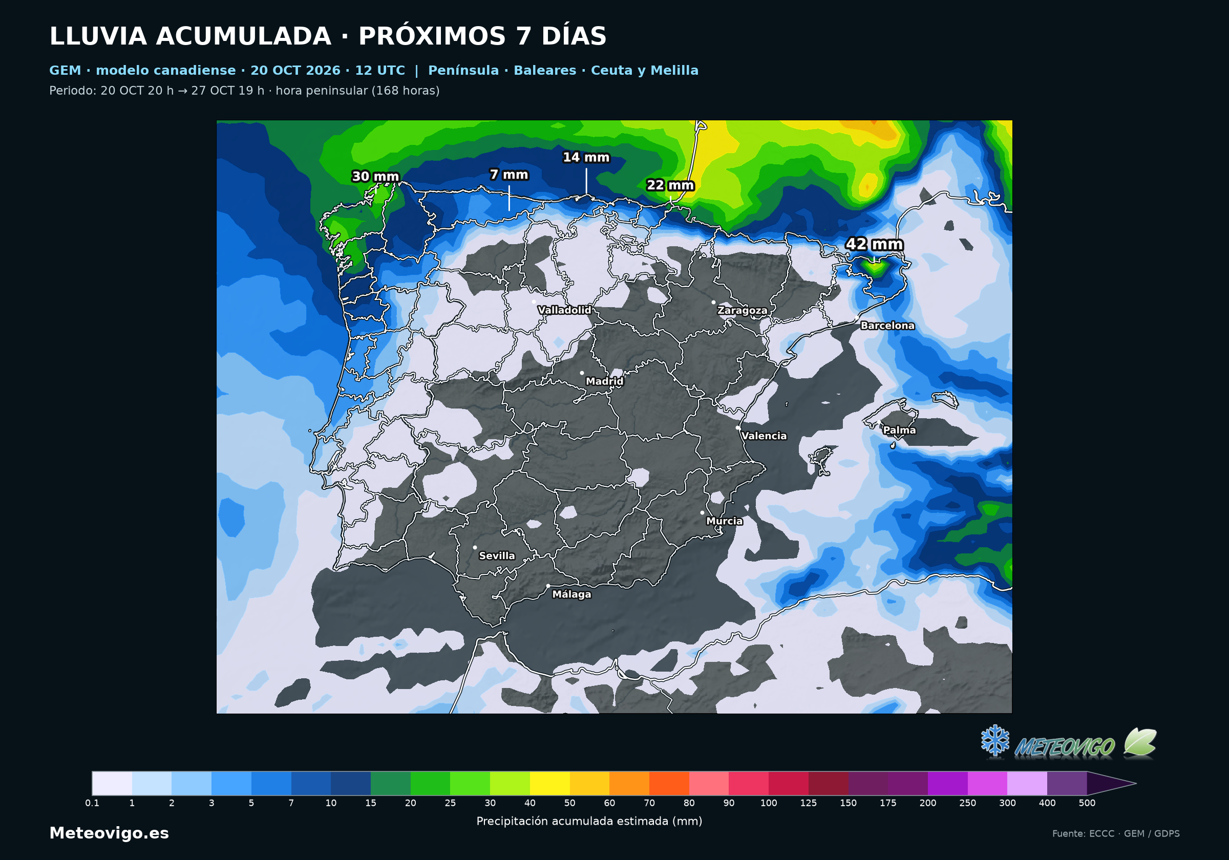 Lluvias siete d&iacute;as GEM 12 UTC: peninsula, 20 a 27 octubre 2026
