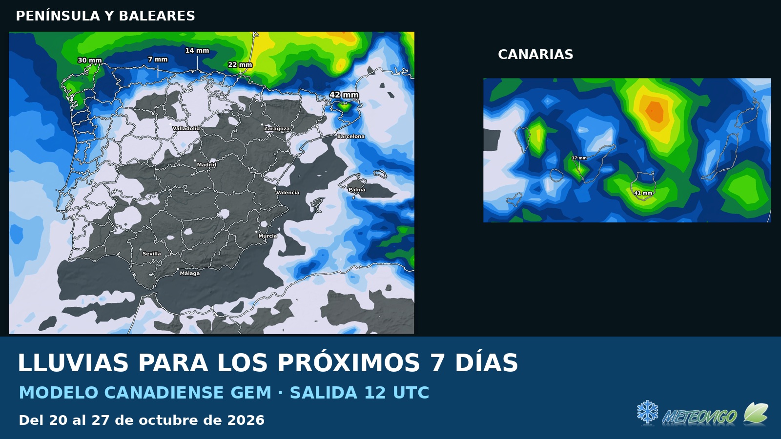 Lluvias próximos siete días: GEM, salida 12 UTC del 20 octubre 2026