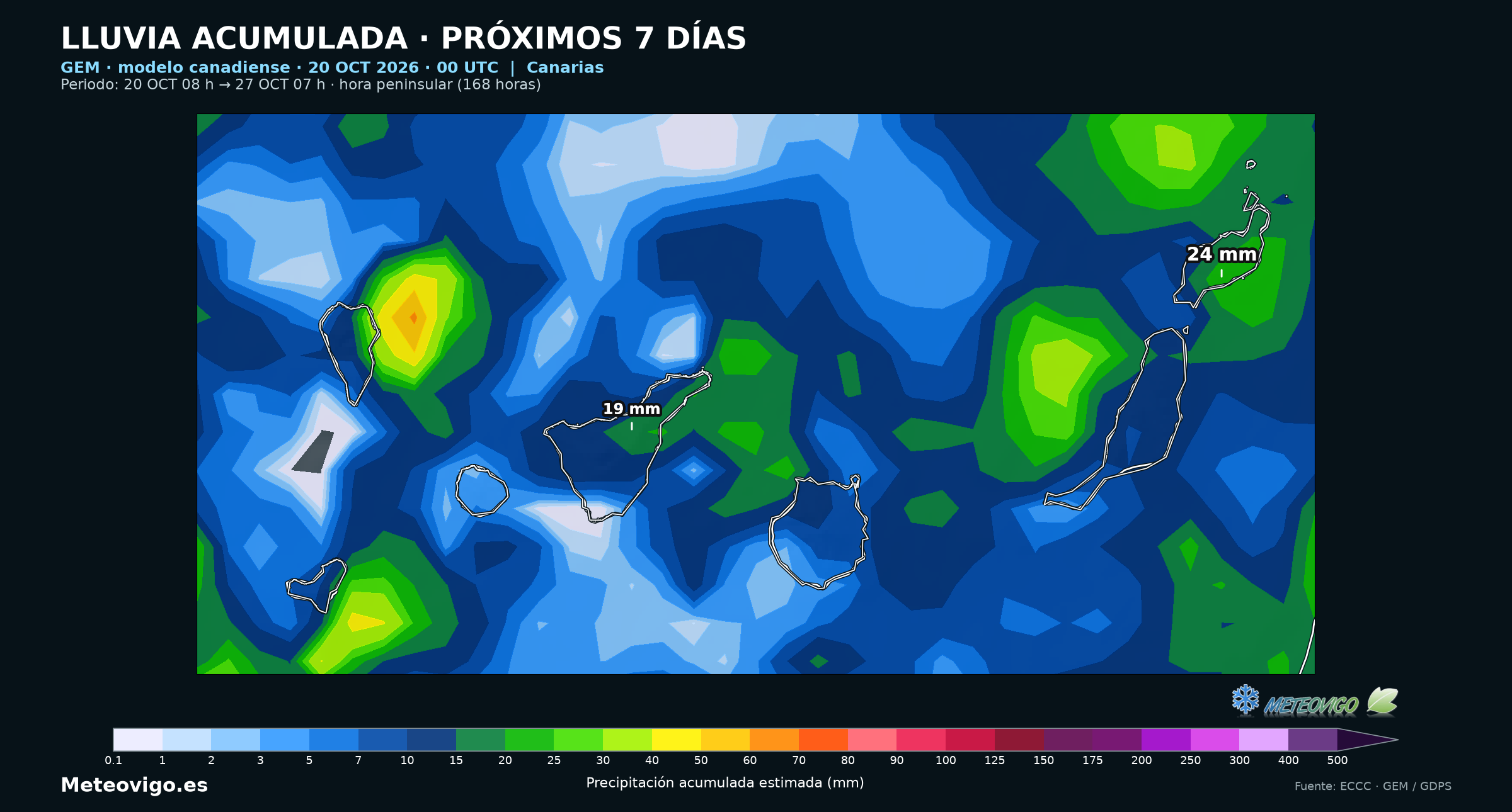 Lluvia acumulada en Canarias durante los mismos siete d&iacute;as seg&uacute;n el modelo canadiense GEM