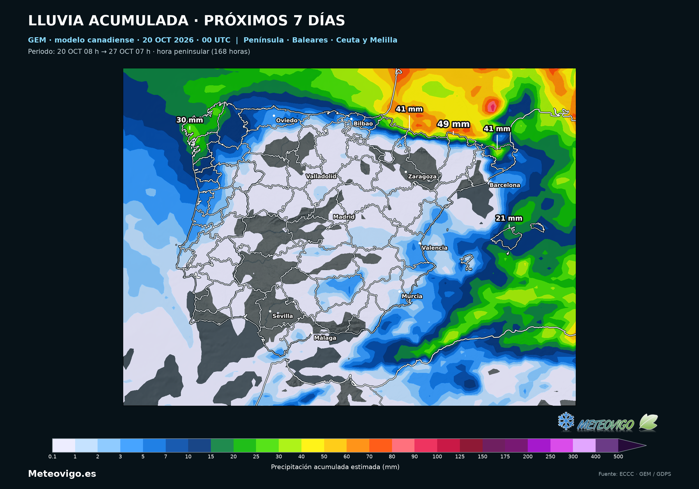 Precipitaci&oacute;n acumulada del modelo canadiense GEM del 20 al 27 de octubre de 2026 en la Pen&iacute;nsula, Baleares, Ceuta y Melilla