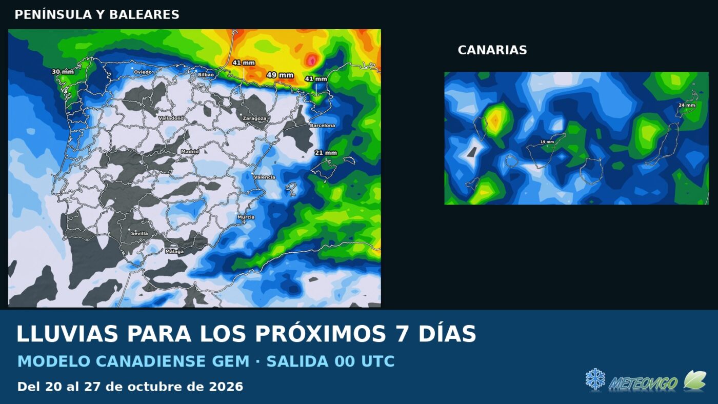 Lluvias próximos siete días canadiense GEM, 20 de octubre de 2026